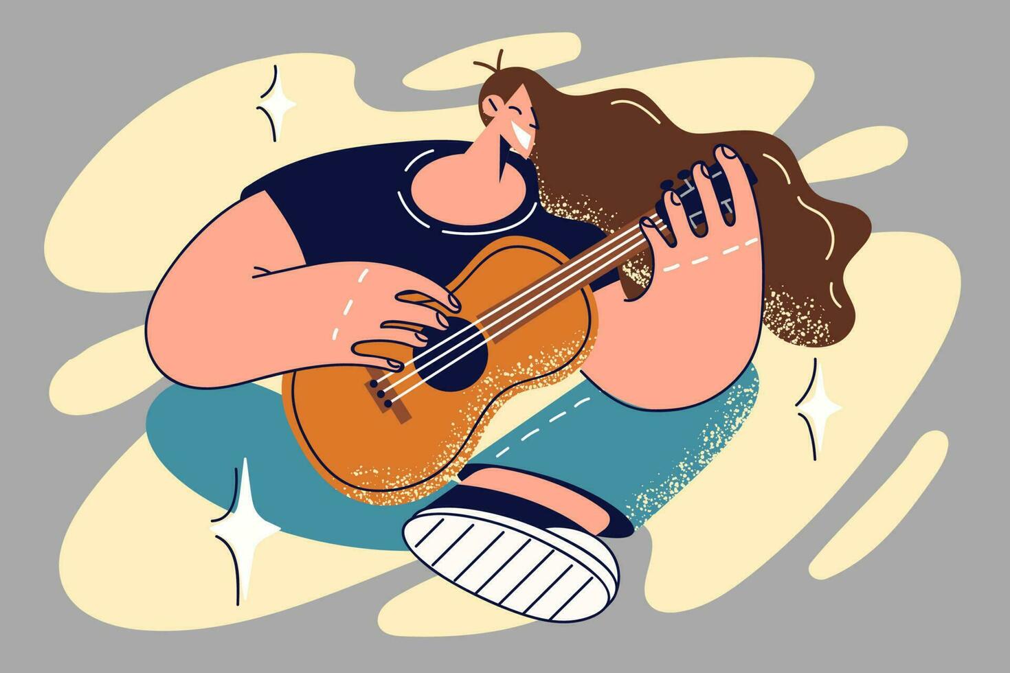 Smiling young woman playing on guitar. Happy girl play musical instrument at home. Hobby and entertainment concept. Vector illustration.
