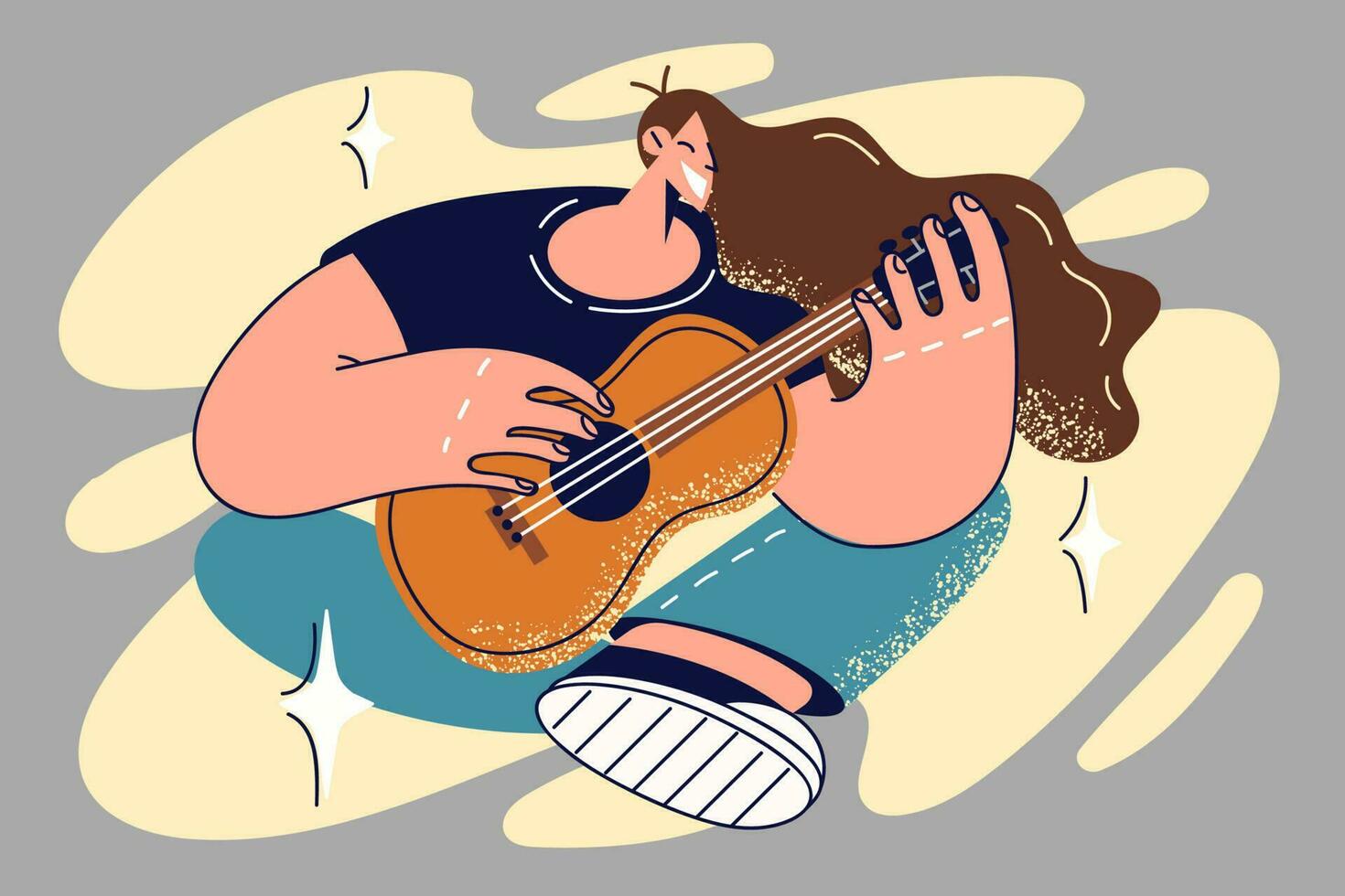 sonriente joven mujer jugando en guitarra. contento niña jugar musical instrumento a hogar. pasatiempo y entretenimiento concepto. vector ilustración.