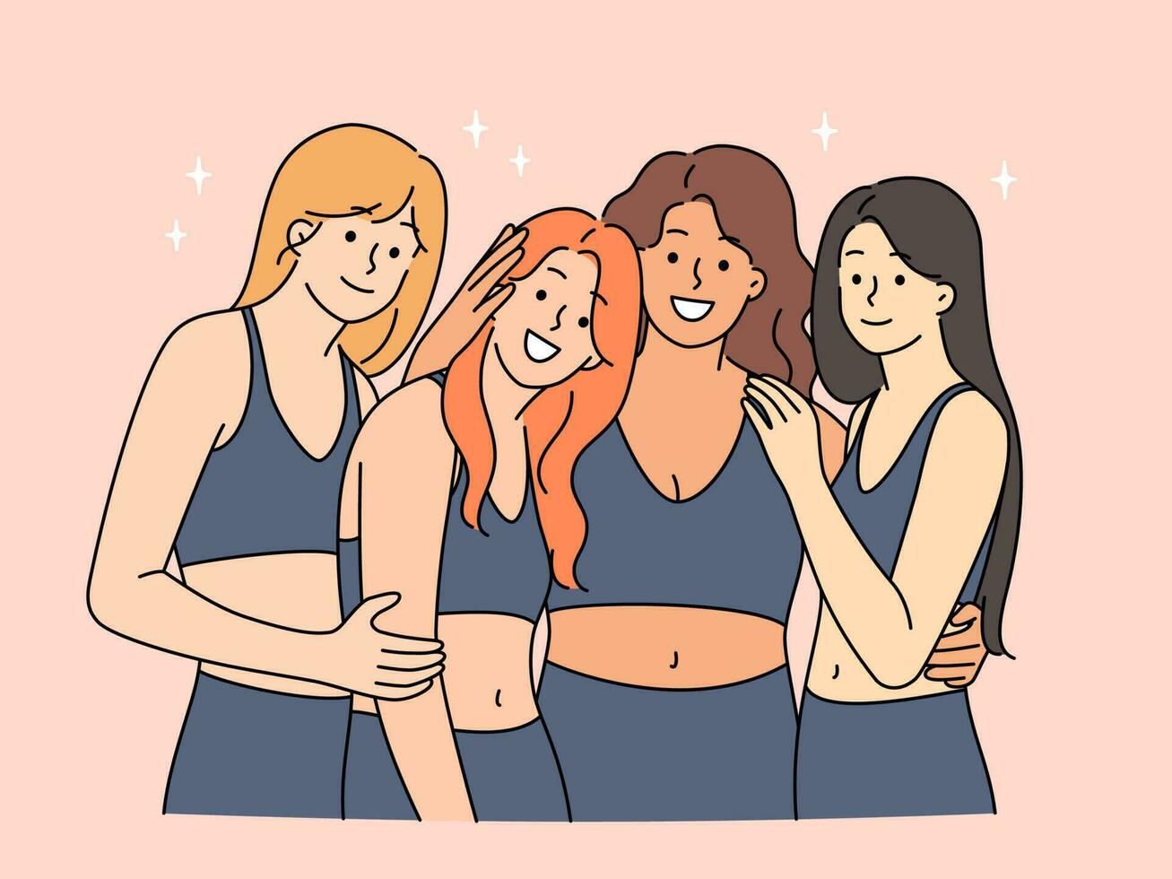 Smiling diverse women in sportswear show various figures. Happy multiracial toned females demonstrate body positivity. Vector illustration.