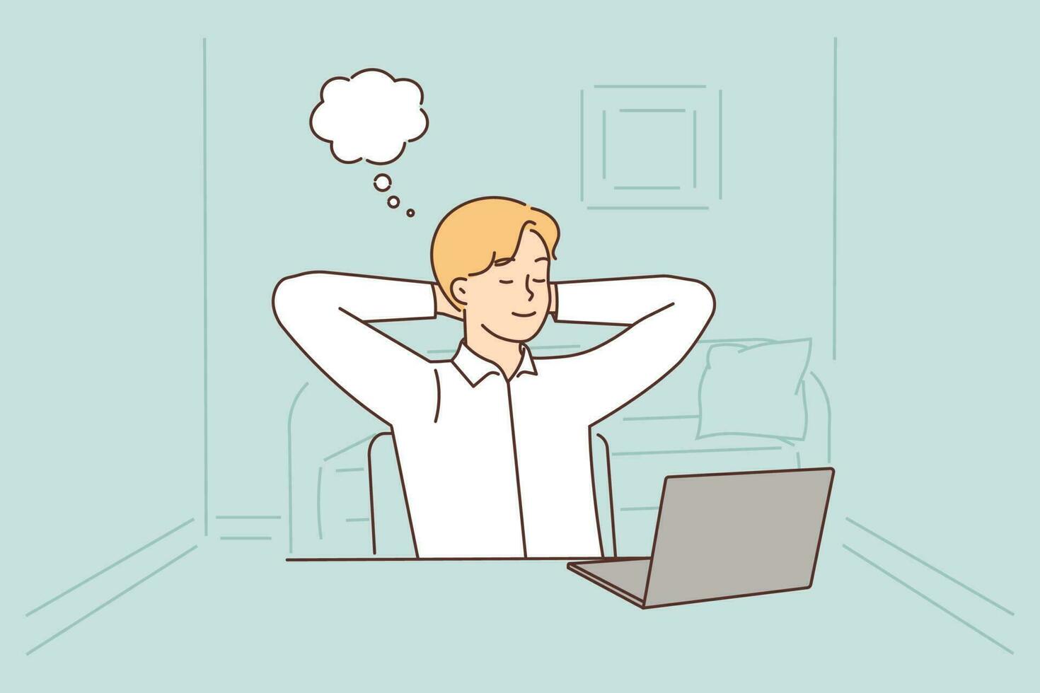 Young man sit at desk distracted from computer work dreaming and visualizing. Happy businessman take break from laptop job taking nap. Vector illustration.