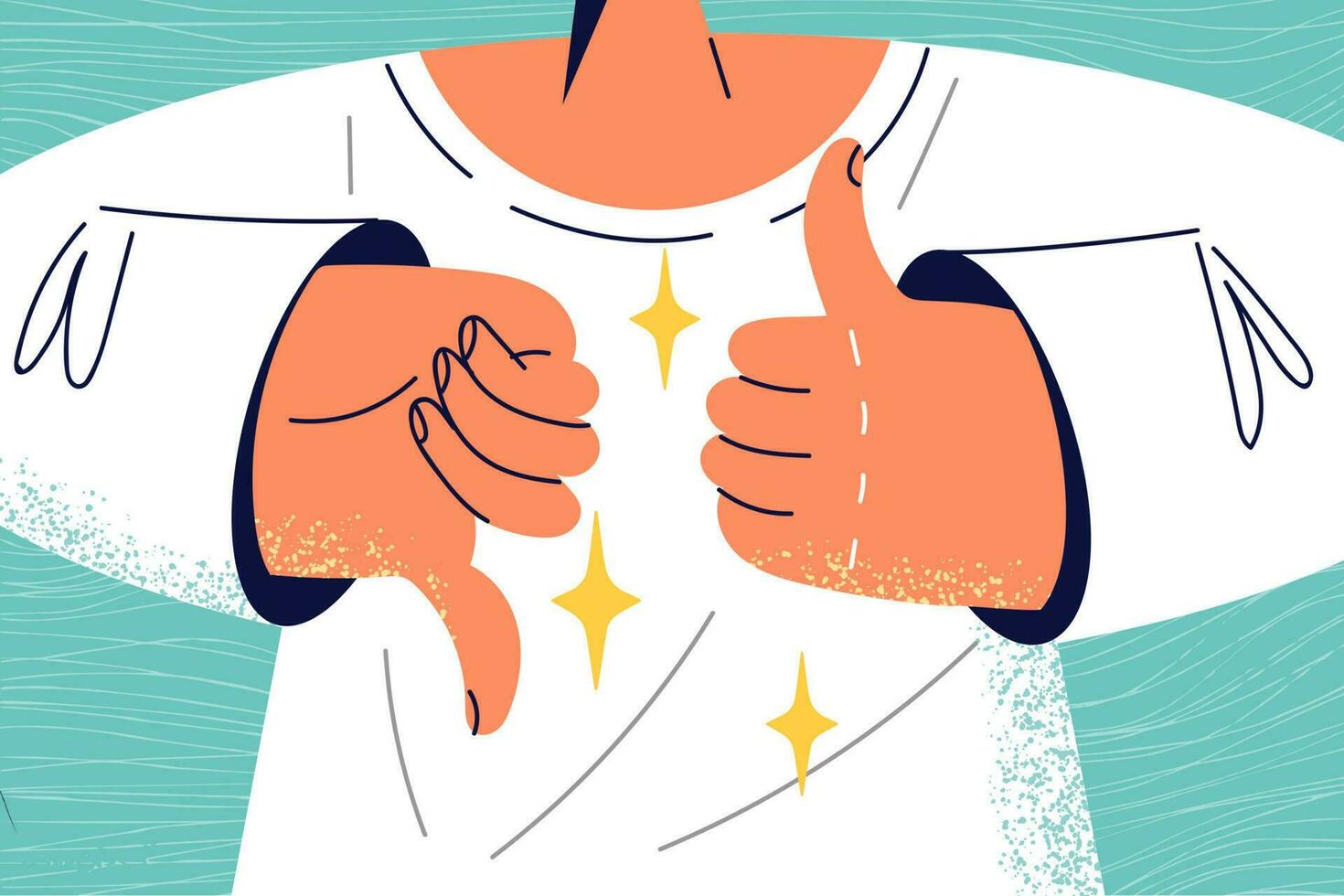 Close-up of person showing thumb up and down. Client demonstrate like and dislike for product or service. Customer feedback and satisfaction. Vector illustration.