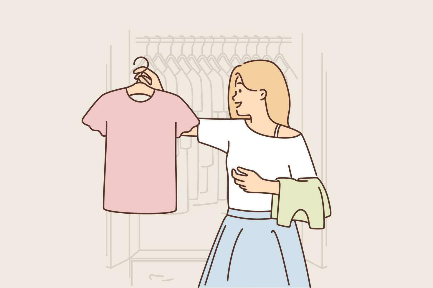 Woman chooses clothes from wardrobe going to party or sorting out t-shirts for thrift store. Girl visitor to clothing store for low-income people stands near hanger filled with clothes. vector