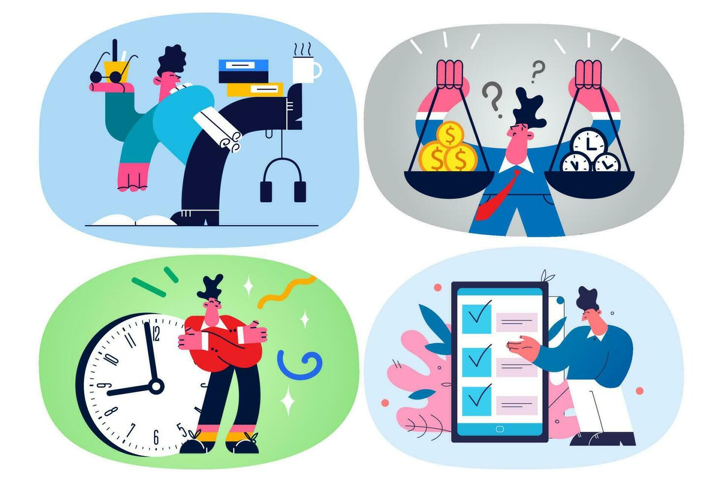 Businesspeople multitask manage meet timing deadline at workplace. Employees or workers engaged in time management or organization. Job task and planning. Vector illustration, cartoon character. Set.