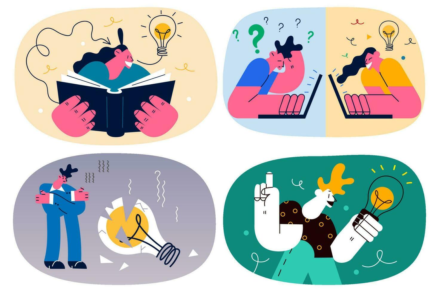 Businesspeople have ups and down generating new business ideas at workplace. Employee or worker brainstorm work on computer for innovation project or plan. Flat vector illustration. Set.