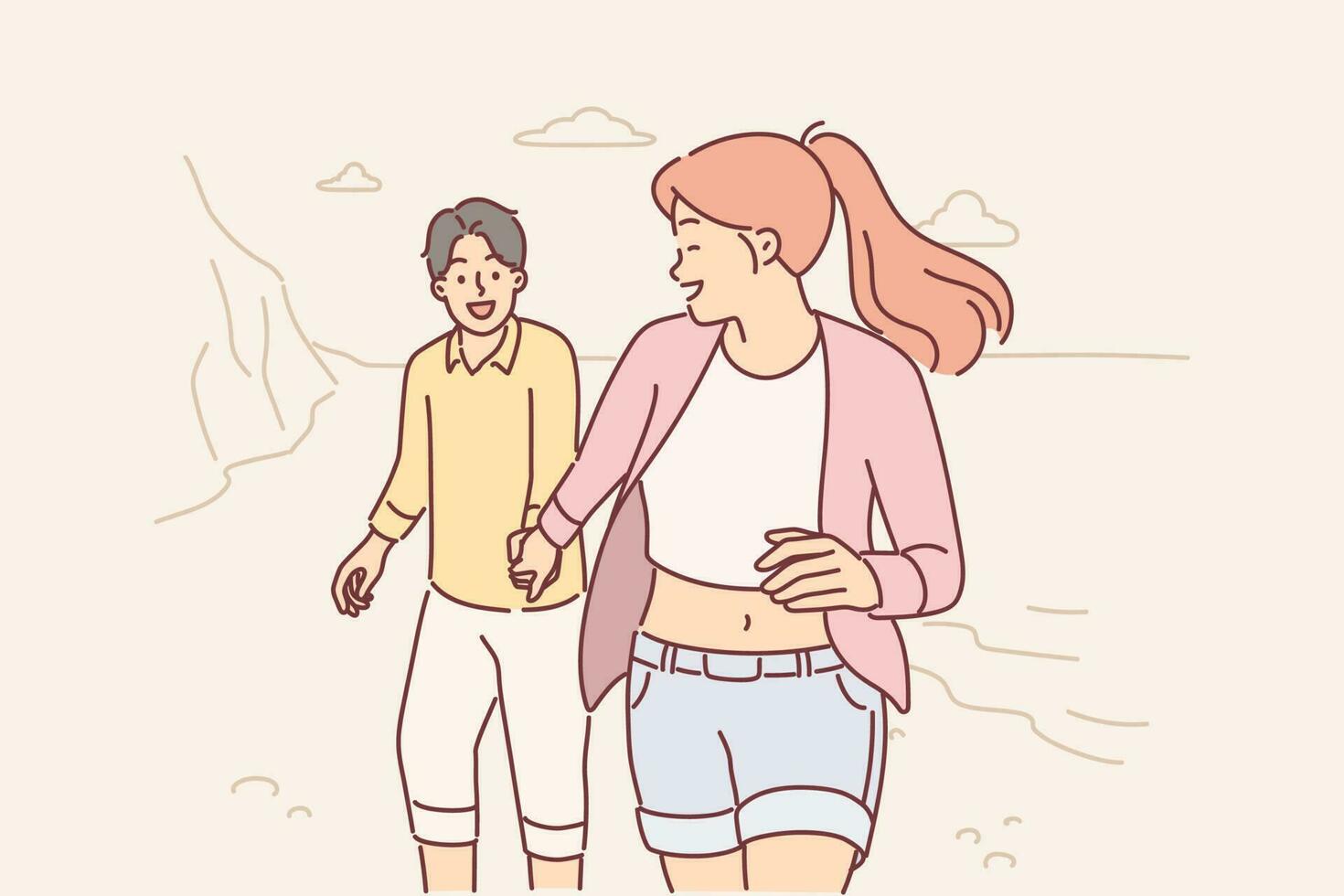 Couple in love runs along beach enjoying joint vacation and trip to exotic island in ocean. Girl says follow me to boyfriend or fiance during summer travel or honeymoon on sunny sea coast vector