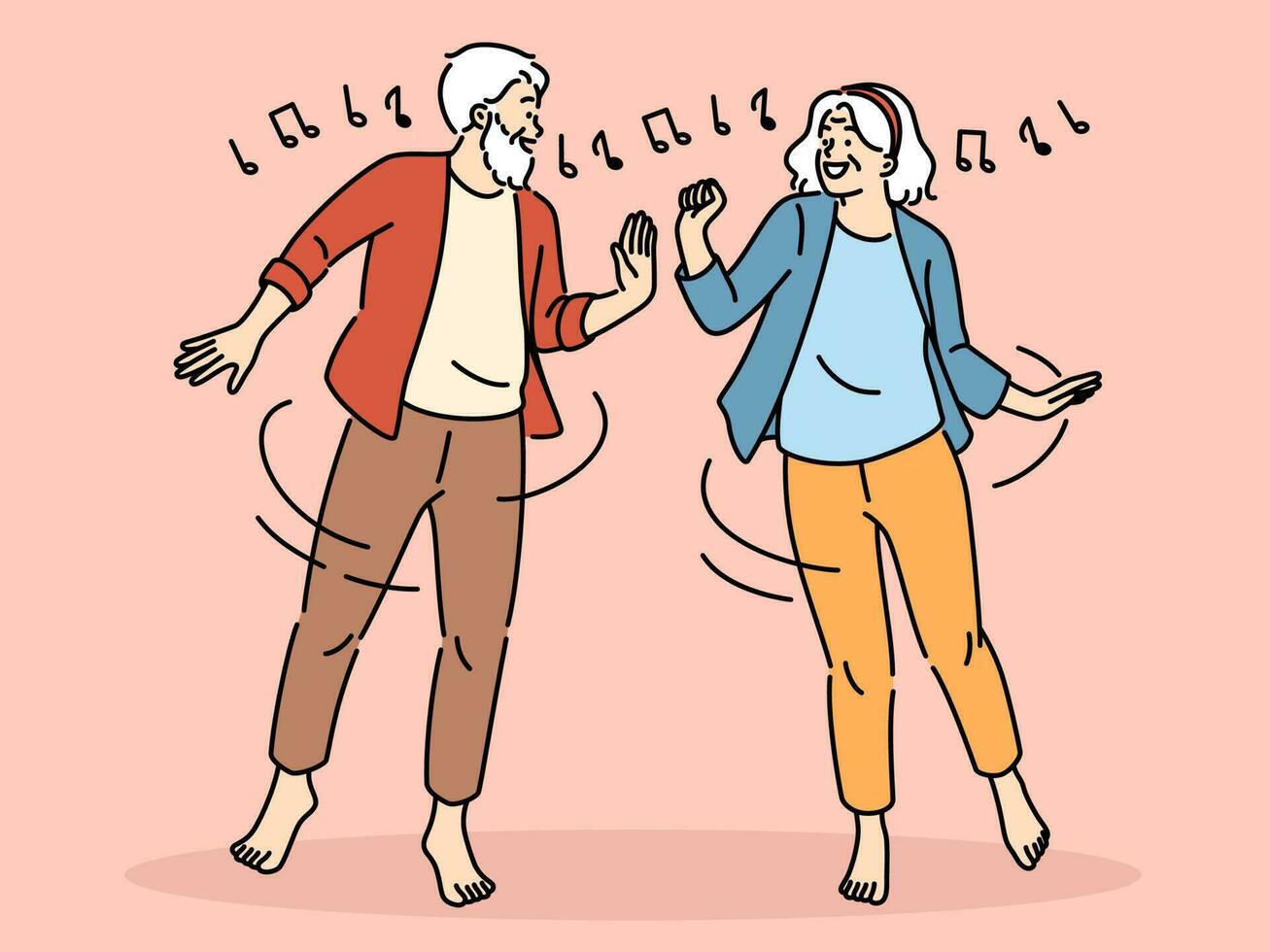 lleno de alegría mayor Pareja tener divertido bailando juntos. sonriente maduro hombre y mujer disfrutar contento madurez y Jubilación. vector ilustración.