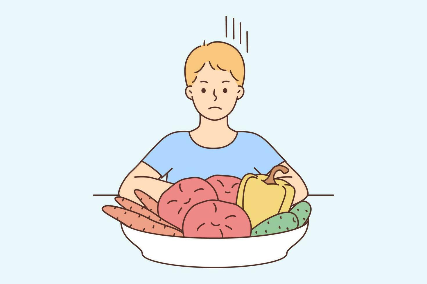 Unhappy boy child sit at table near plate with vegetables. Upset small kid refuse eating healthy veggies. Nutrition, diet and children. Vector illustration.