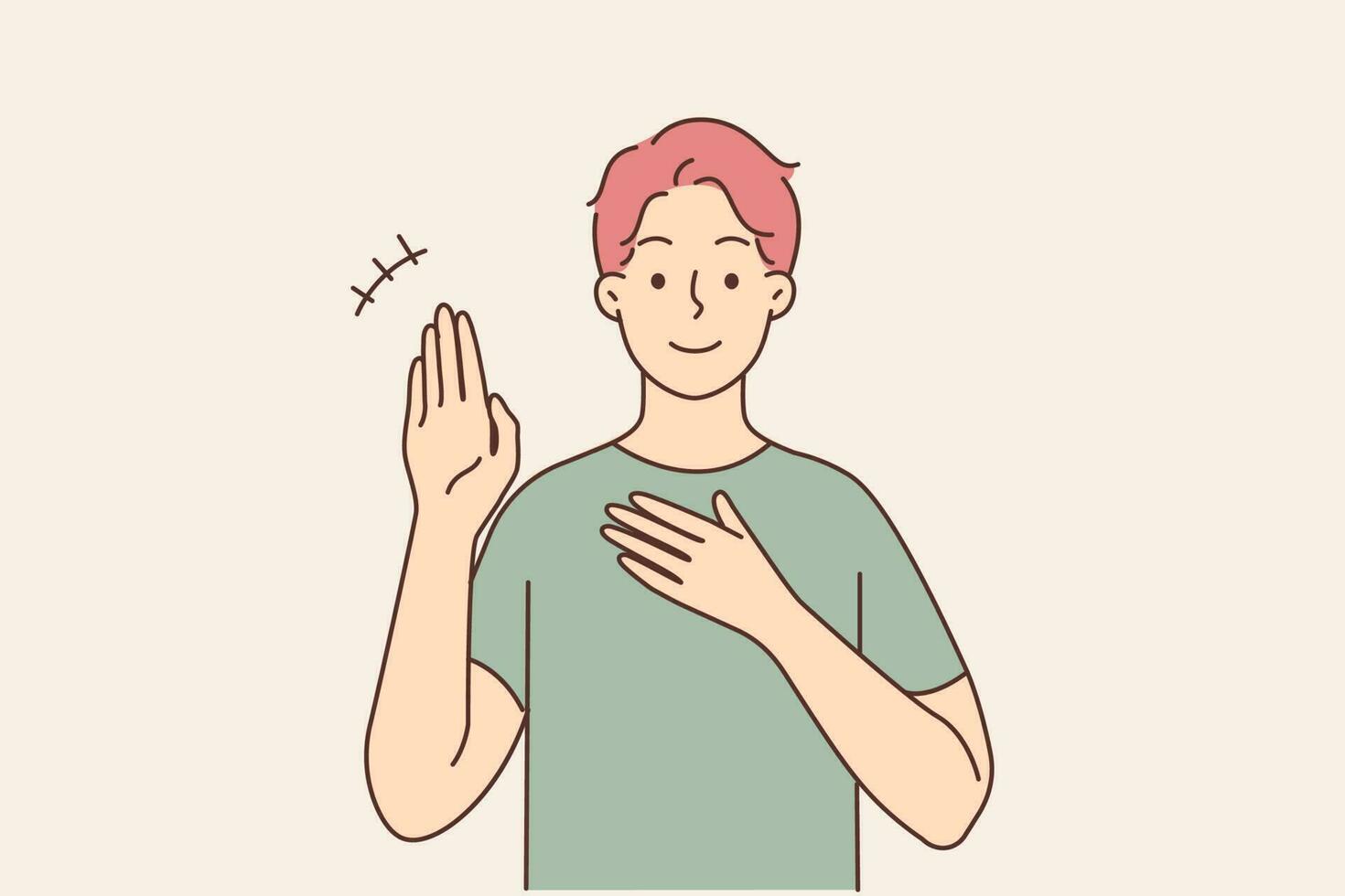 Smiling young man talking using sign language. Happy guy communicate with hand gestures. Alternative communication. Vector illustration.