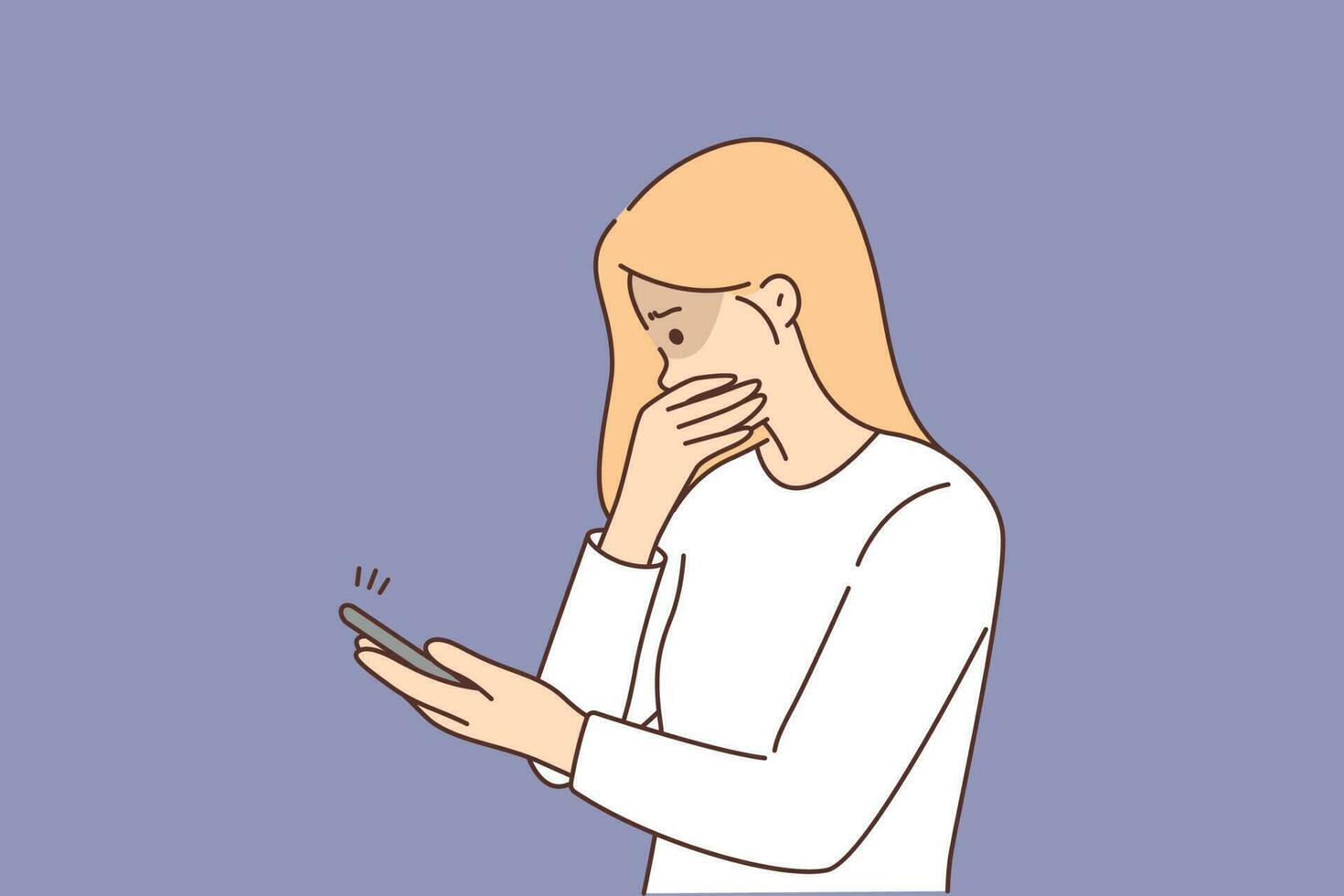 Frightened woman with phone became victim of cyberbullying and received sms messages with hate speech. Girl suffers from cyberbullying on phone and negative comments on social networks or messengers vector