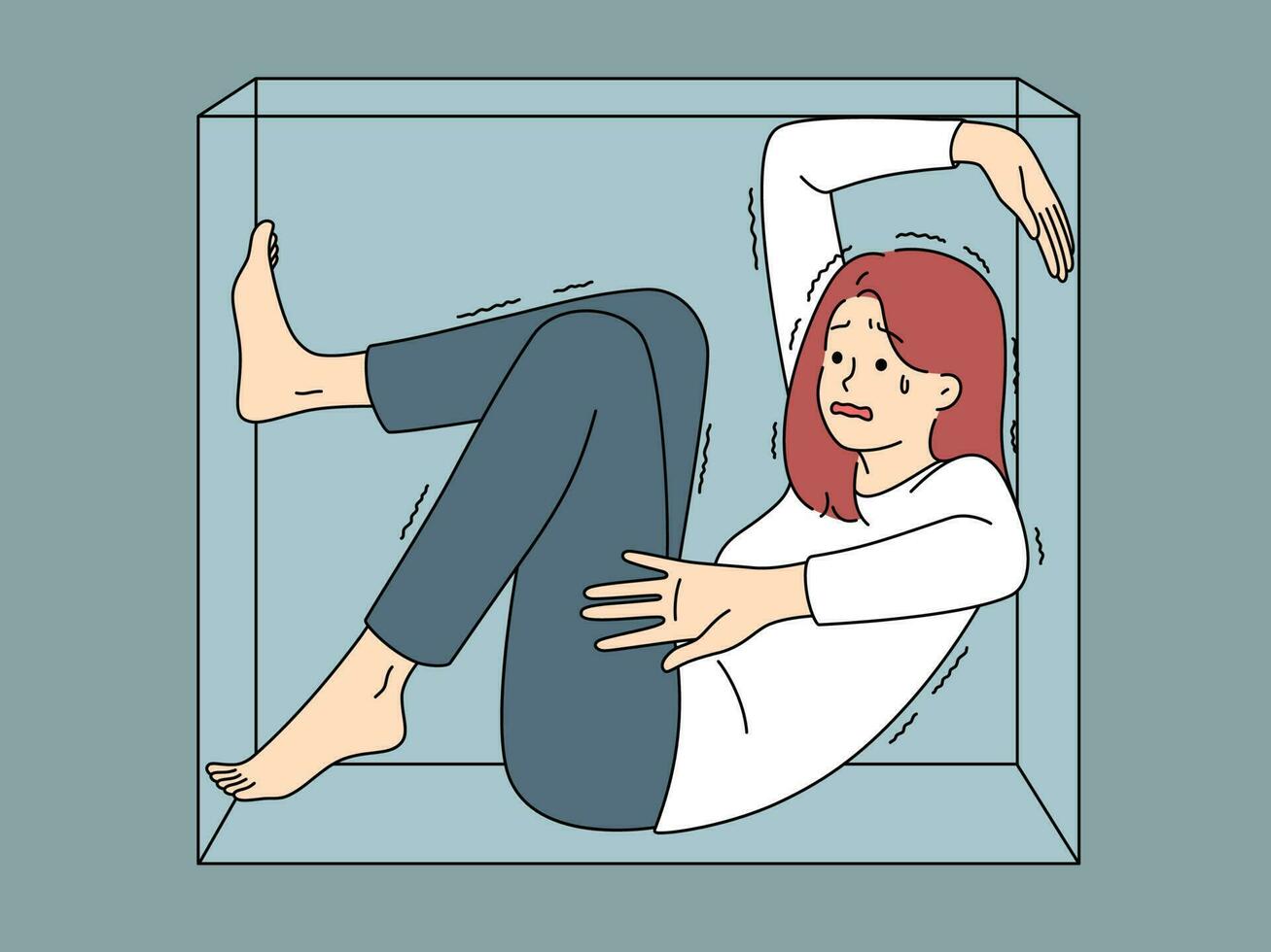 Stressed young woman sit in box scared of closed space. Unhappy distressed female have panic attack locked in glass box. Vector illustration. Mental health problems.