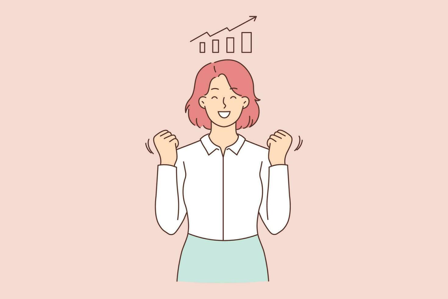Overjoyed businesswoman make yes gesture triumph with business sales growth. Smiling female employee excited with work success. Graph or chart growing. Vector illustration.