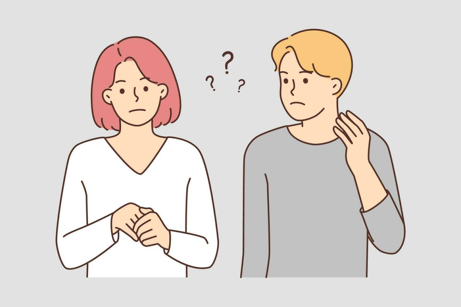 Frustrated couple having misunderstanding. Confused man and woman feeling frustration after fight or argument. Relationship problems. Vector illustration.