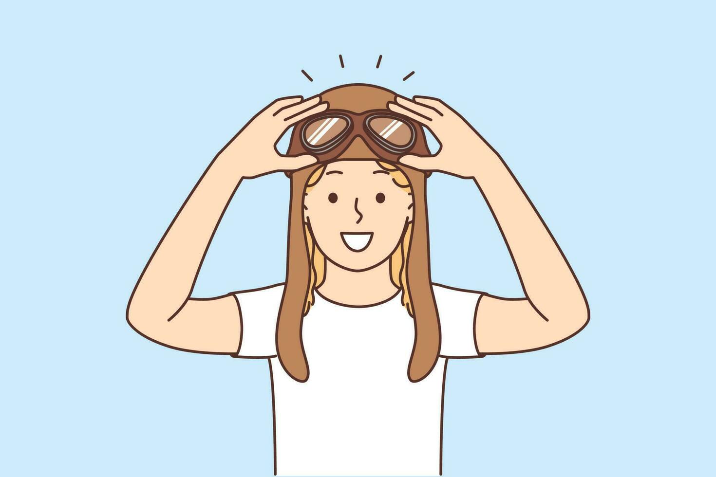Smiling child in pilot hat excited about future career. Happy kid in aviator headwear plan to be captain or aircrew. Vector illustration.