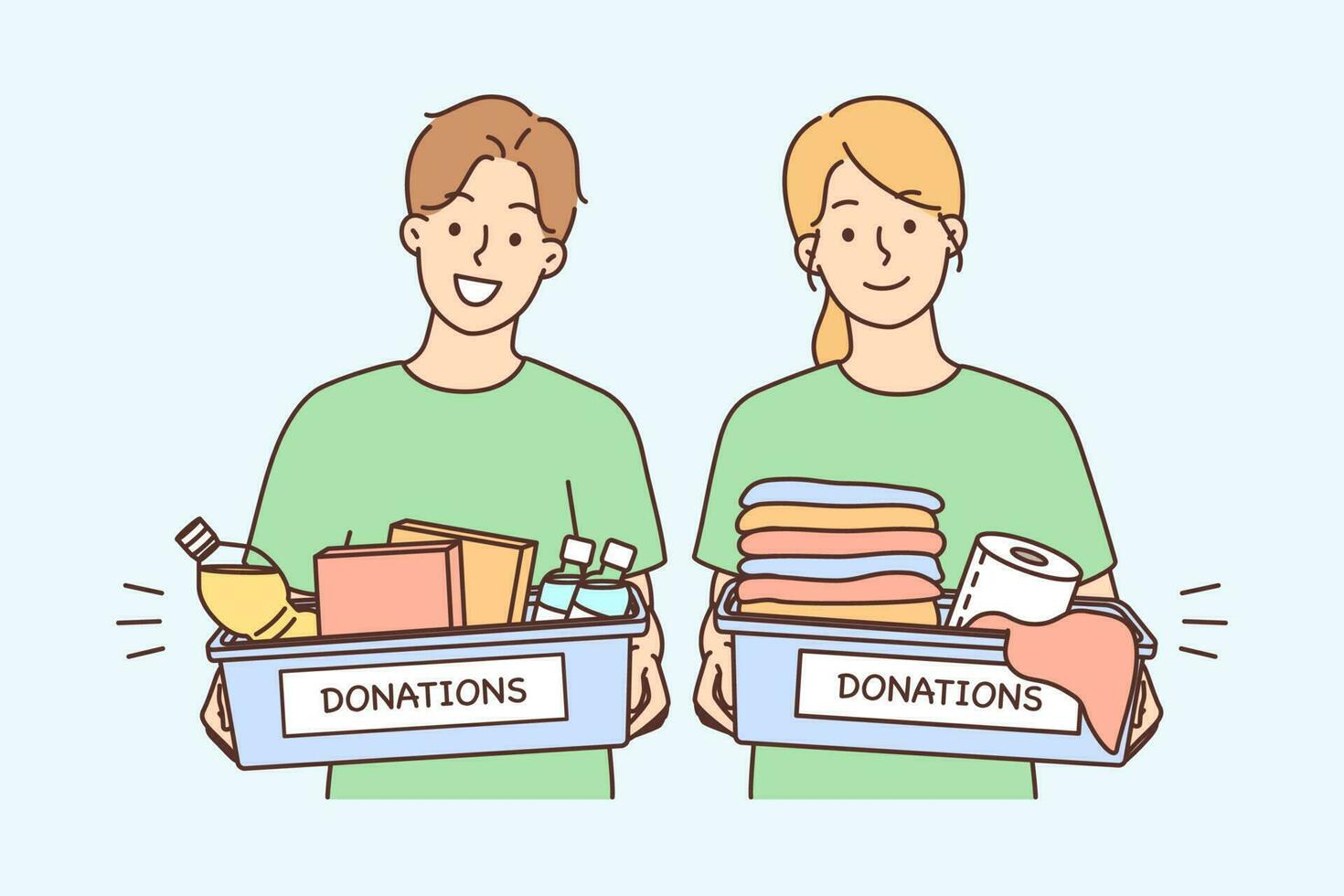 Smiling people with donations boxes. Happy volunteers holding packages with donating goods. Charity and volunteering concept. Vector illustration.