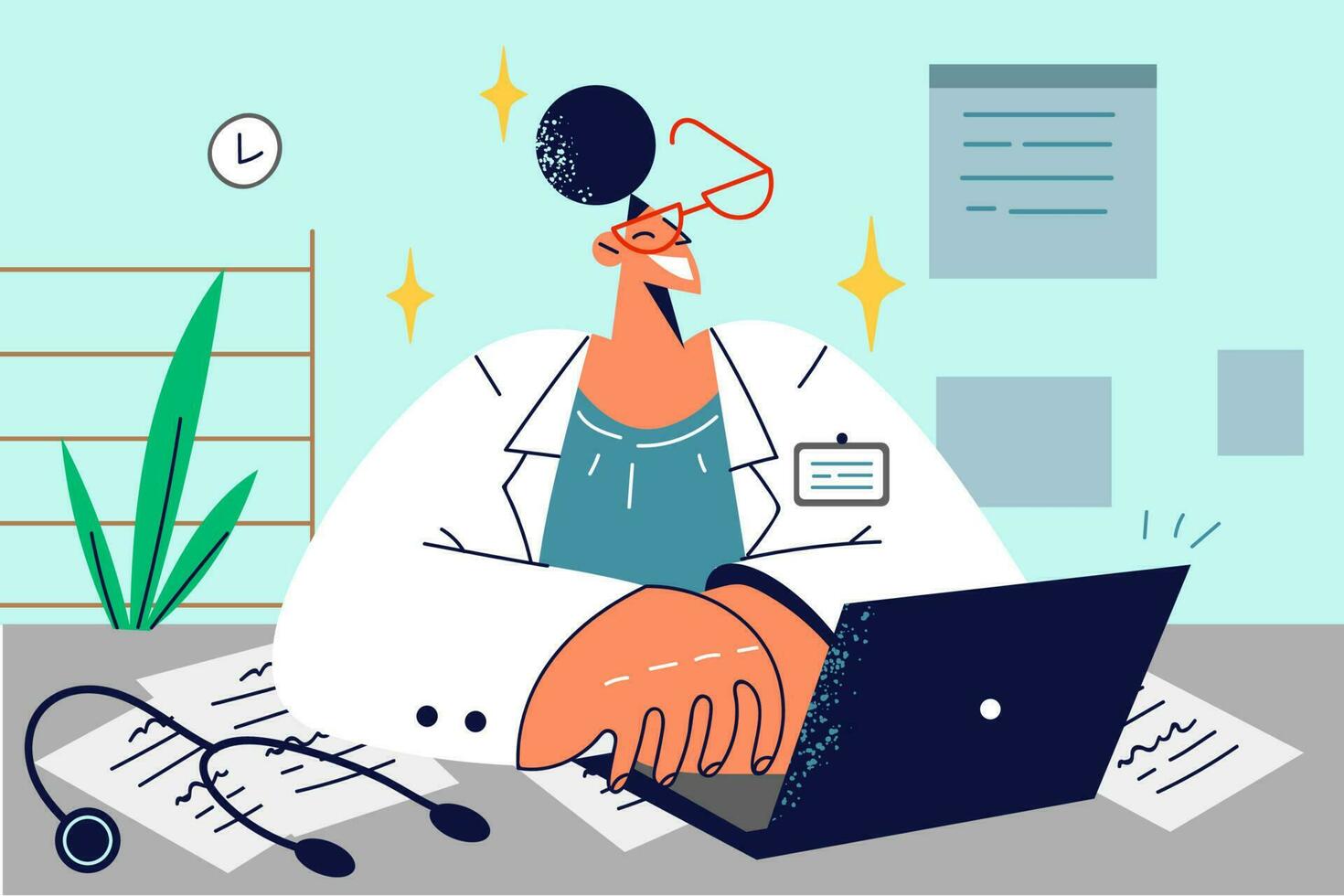 Happy female doctor in uniform sit at desk in hospital working on computer online. Smiling nurse or GP busy on laptop in clinic. Medicine and healthcare. Vector illustration.