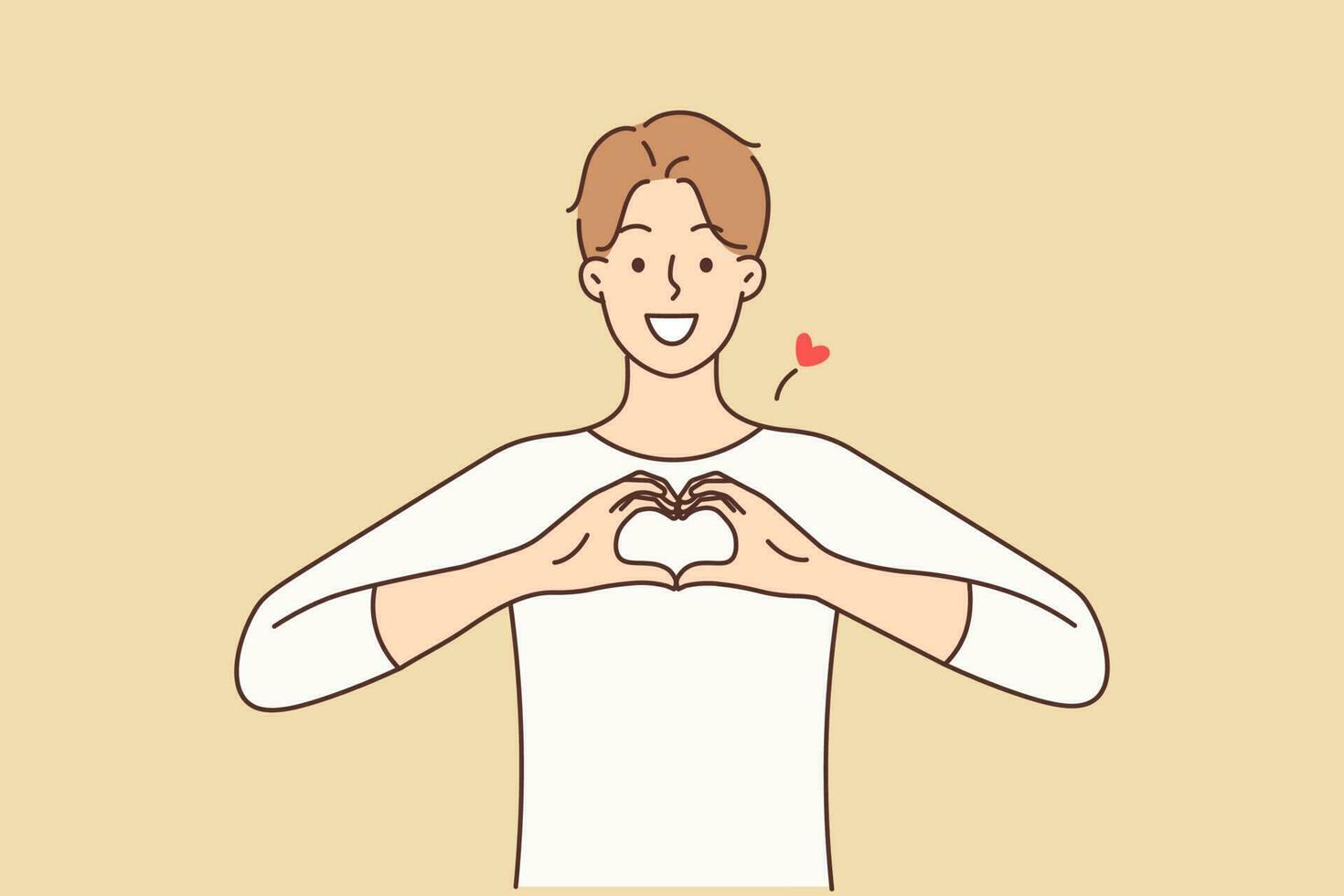 Smiling young man show heart hand gesture share care and support. Happy guy with love sign feel grateful and supportive. Gratitude and charity. Vector illustration.