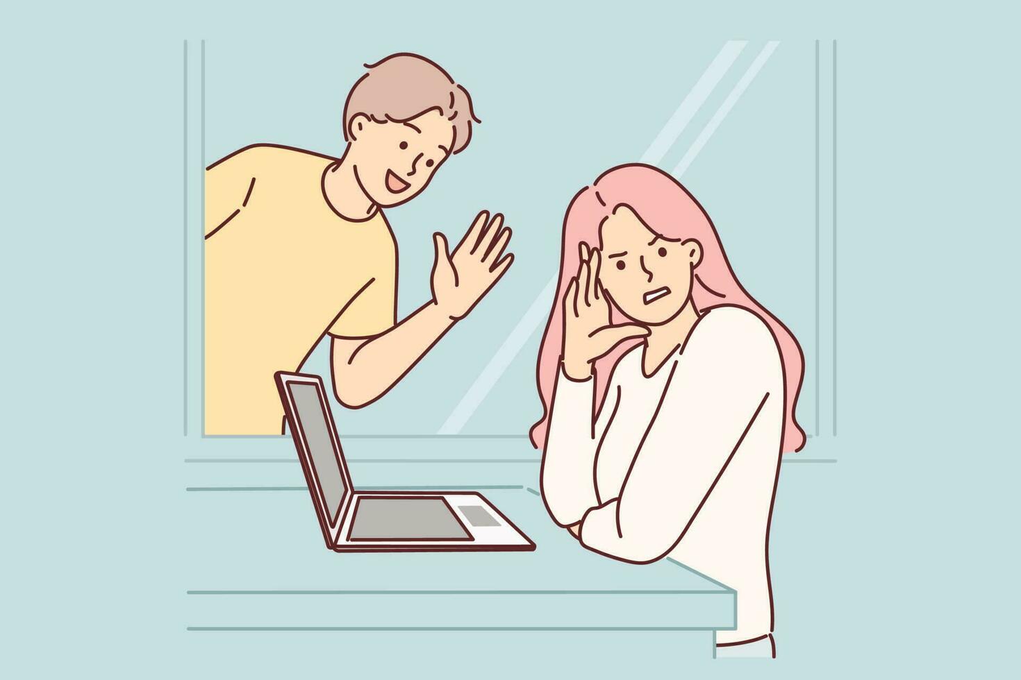 Woman ignores annoying man stalker who wants to start romantic relationship. Disgruntled girl turns away when she sees stalker or ex-boyfriend waving to friend and inviting on date. vector