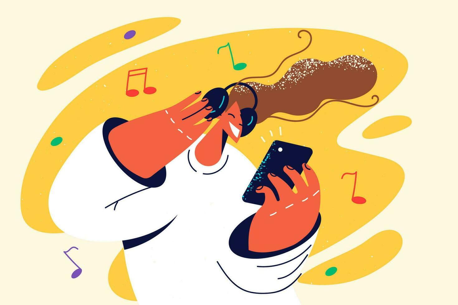 sonriente niña en auriculares escucha a música en teléfono inteligente contento joven mujer disfrutar bueno calidad sonido en auriculares utilizando Teléfono móvil. vector ilustración.