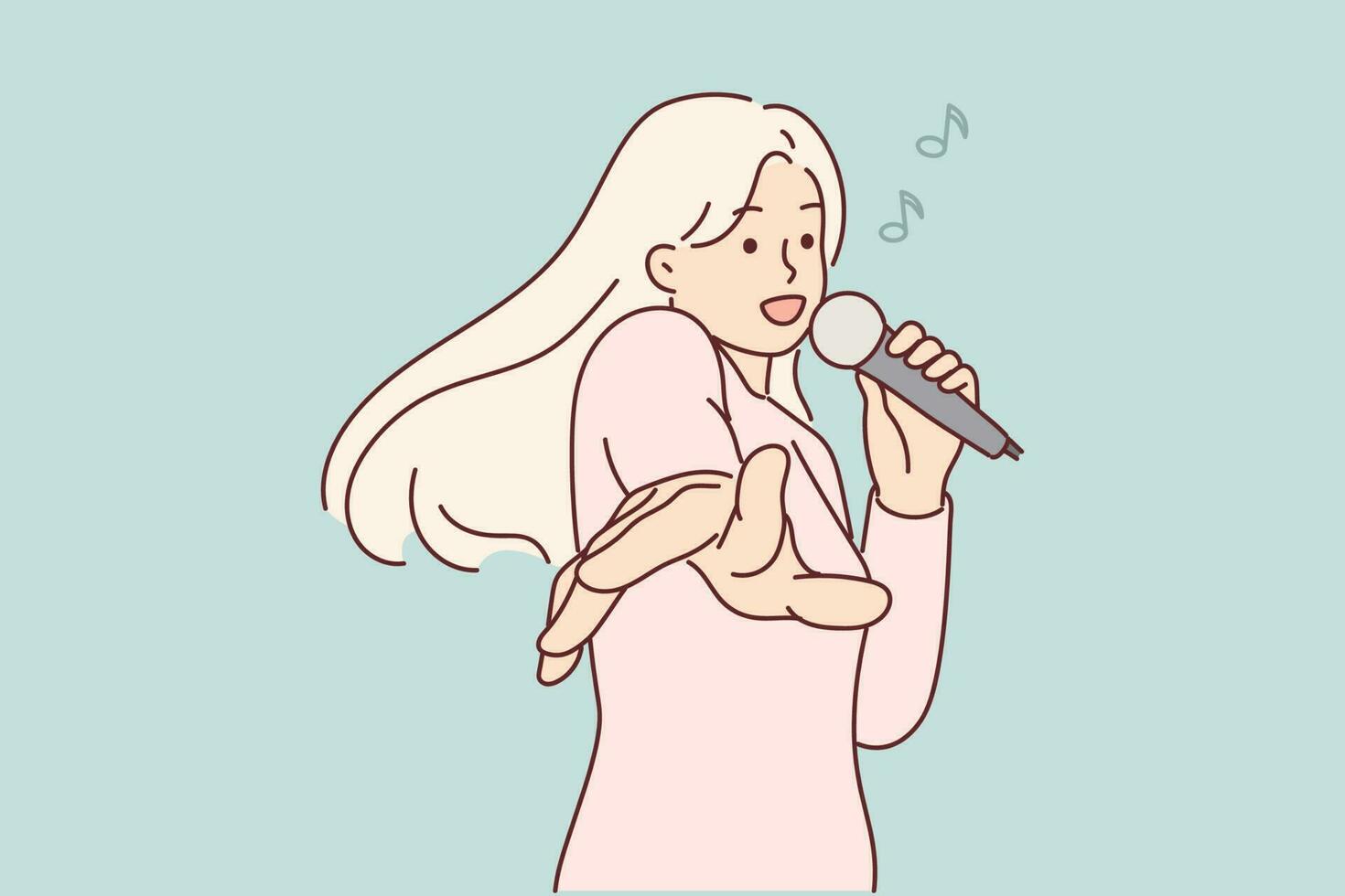 Woman with microphone sings in karaoke enjoying cool music party and stretching hands to screen. Girl singer performs standing on stage or performing songs to popular pop music in karaoke vector