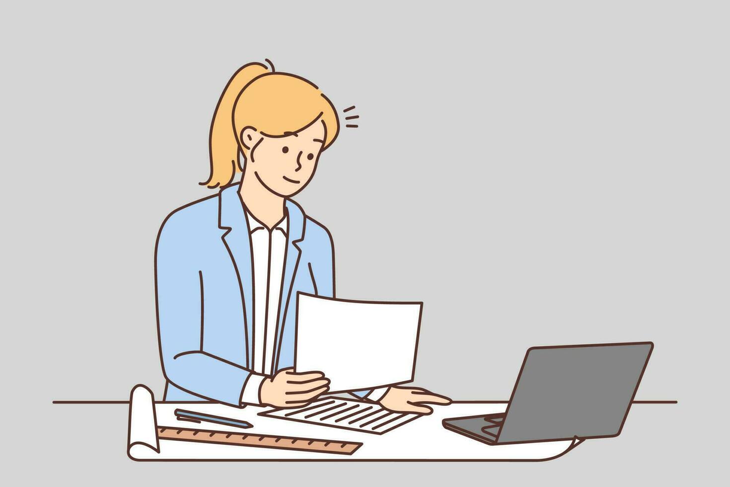 Businesswoman working on laptop in office. Female architect or engineer developing blueprint busy on computer. Vector illustration.