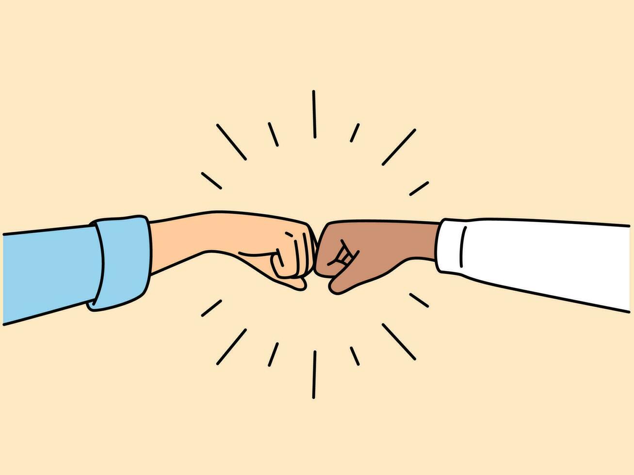 Close-up of people give fists bump greeting or getting acquainted. Businesspeople or colleagues make hand gesture celebrate shared win or victory. Vector illustration.