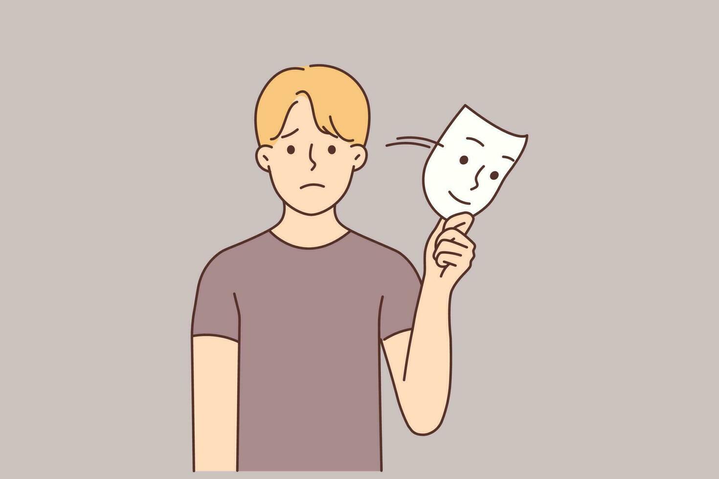 Unhappy man take off smiling mask show true self suffer from depression. Upset guy struggle with mood swing and bipolar disorder, pretend someone else. Vector illustration.