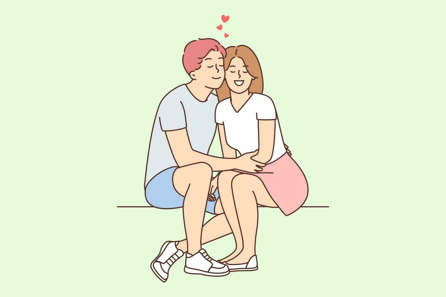 Happy couple sitting on bench hugging. Smiling man and women in love embrace enjoy good relationships. Vector illustration.