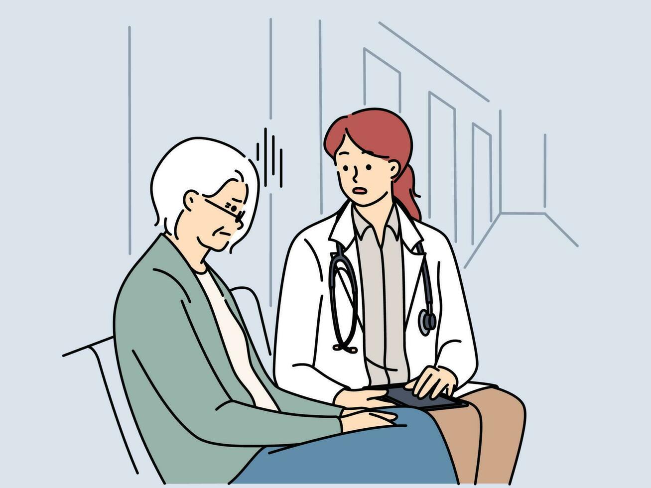 Female doctor talk with elderly grandmother at hospital. Woman nurse or GP consult help mature grandma patient in clinic. Healthcare and geriatrics. Vector illustration.
