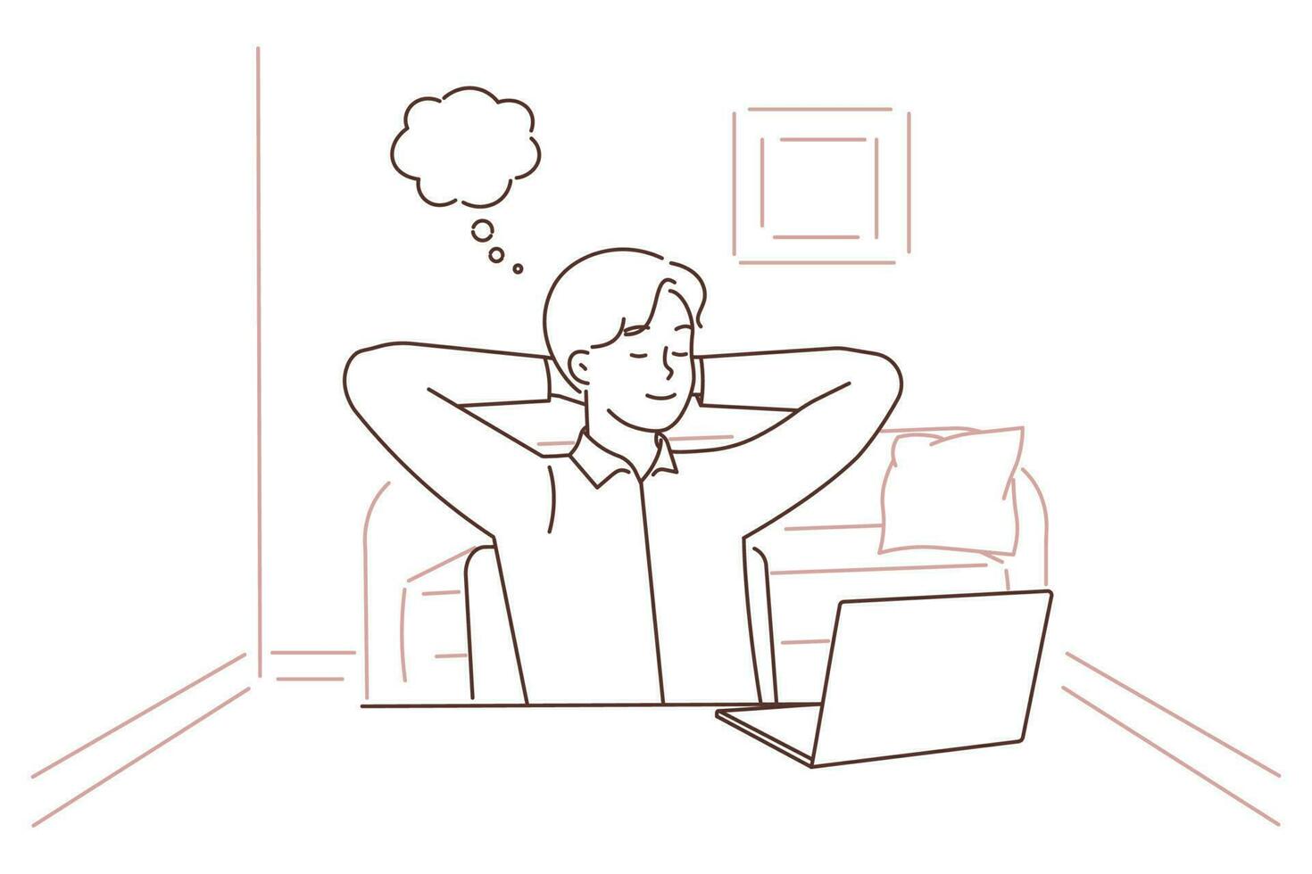 Young man sit at desk distracted from computer work dreaming and visualizing. Happy businessman take break from laptop job taking nap. Vector illustration.