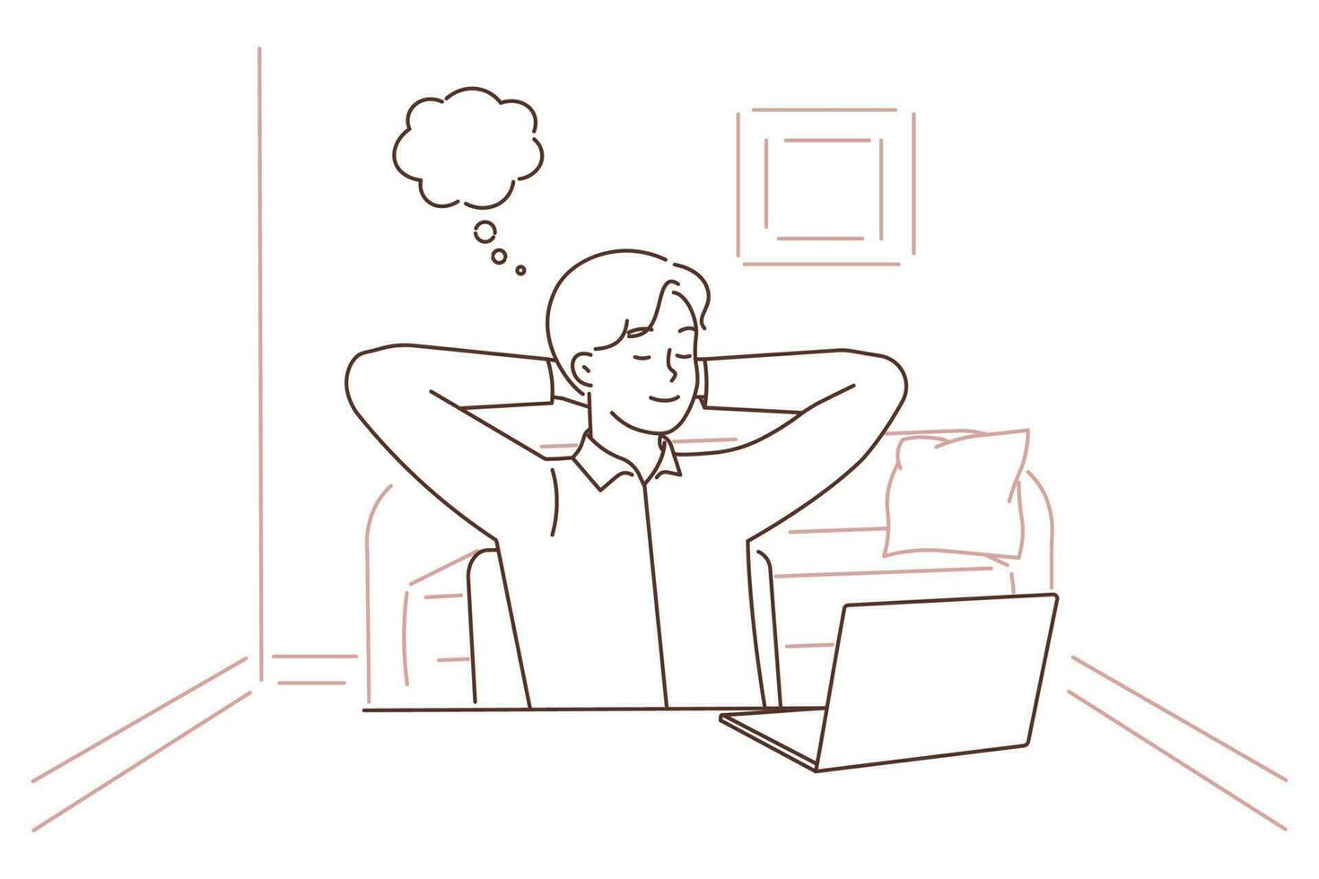 Young man sit at desk distracted from computer work dreaming and visualizing. Happy businessman take break from laptop job taking nap. Vector illustration.