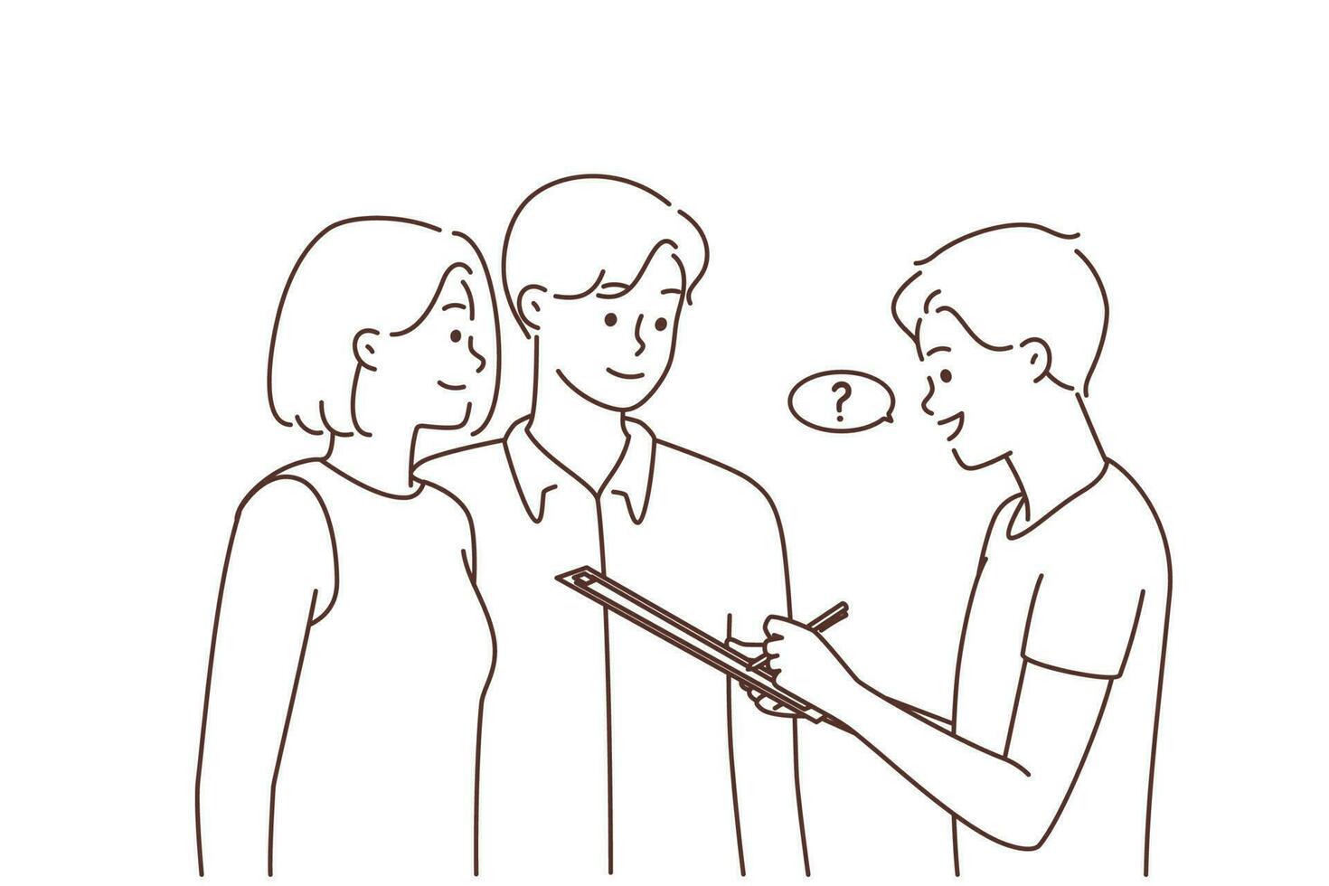 Young man asking question to couple outdoors. Smiling male interviewer making poll talking to people outside. Vector illustration.