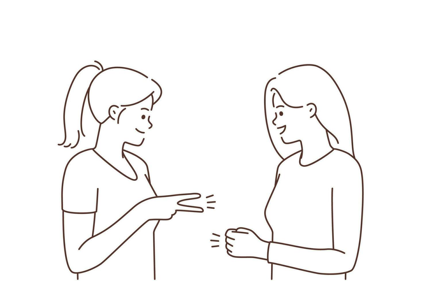 Smiling girls have fun playing hand game together. Happy women enjoy funny activity. Entertainment concept. Vector illustration.