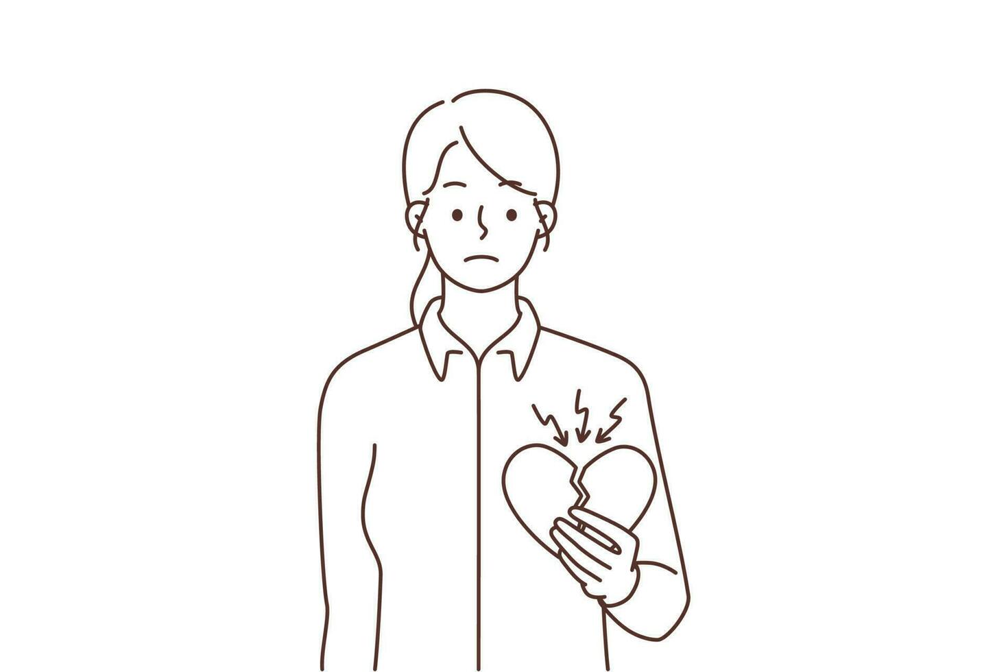 Unhappy woman stand holding broke heart suffer from breakup. Upset female struggle with separation or split. Relationship end. Vector illustration.