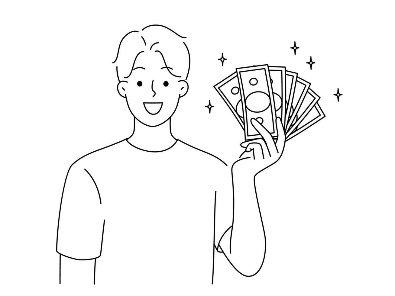 Smiling young man holding pile of cash in hands. Happy successful rich male with money stack excited about win or promotion. Vector illustration.