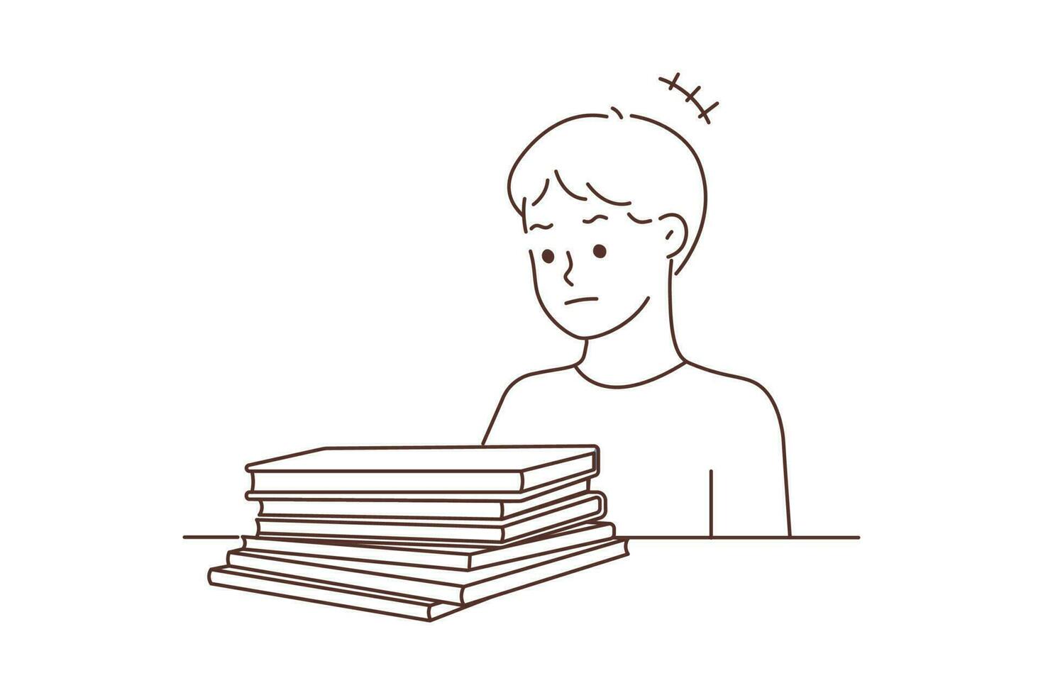 Unhappy boy child sit at desk look at books unmotivated for studying. Upset kid distressed about learning or education. Vector illustration.