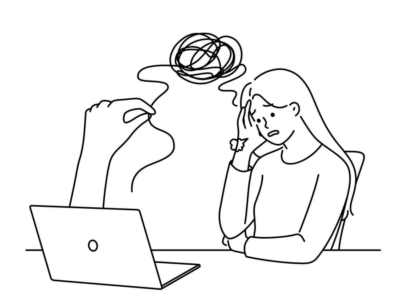 Unhappy young woman feel stressed have online session on computer with psychotherapist. Distressed girl consult psychologist on video call on laptop. Vector illustration.
