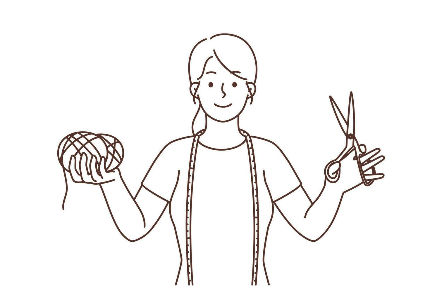 Smiling woman seamstress with threads and scissors in hands. Happy female designer or dressmaker ready for clothes creating. Vector illustration.