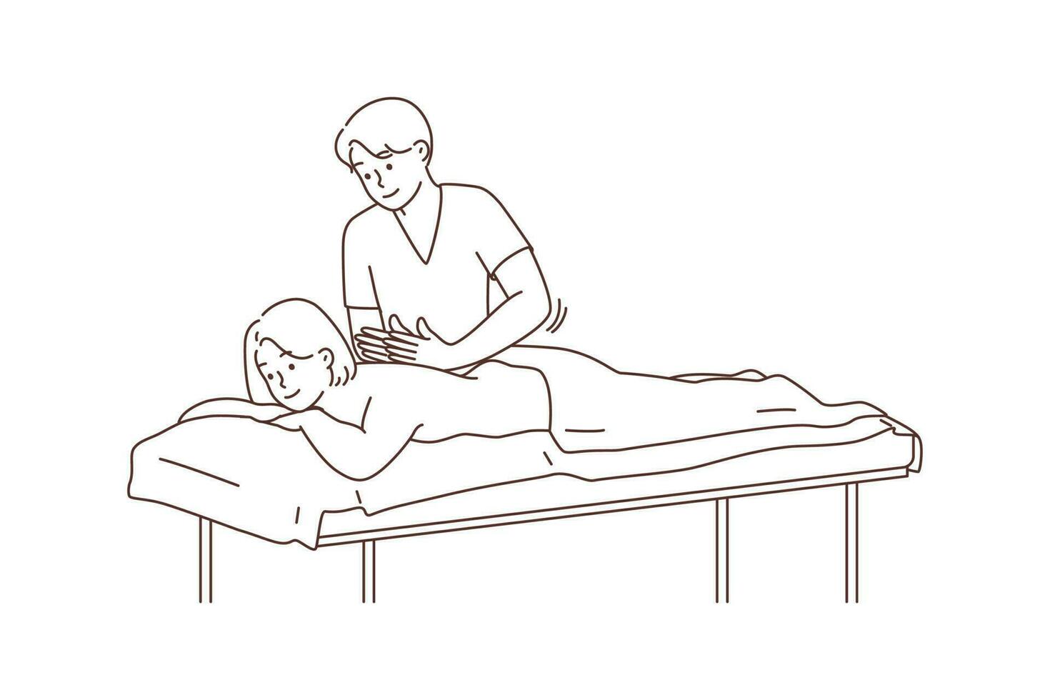 terapeuta haciendo manual masaje a hembra paciente. masculino masajista wok con mujer cliente en spa o hospital. bienestar concepto. vector ilustración.