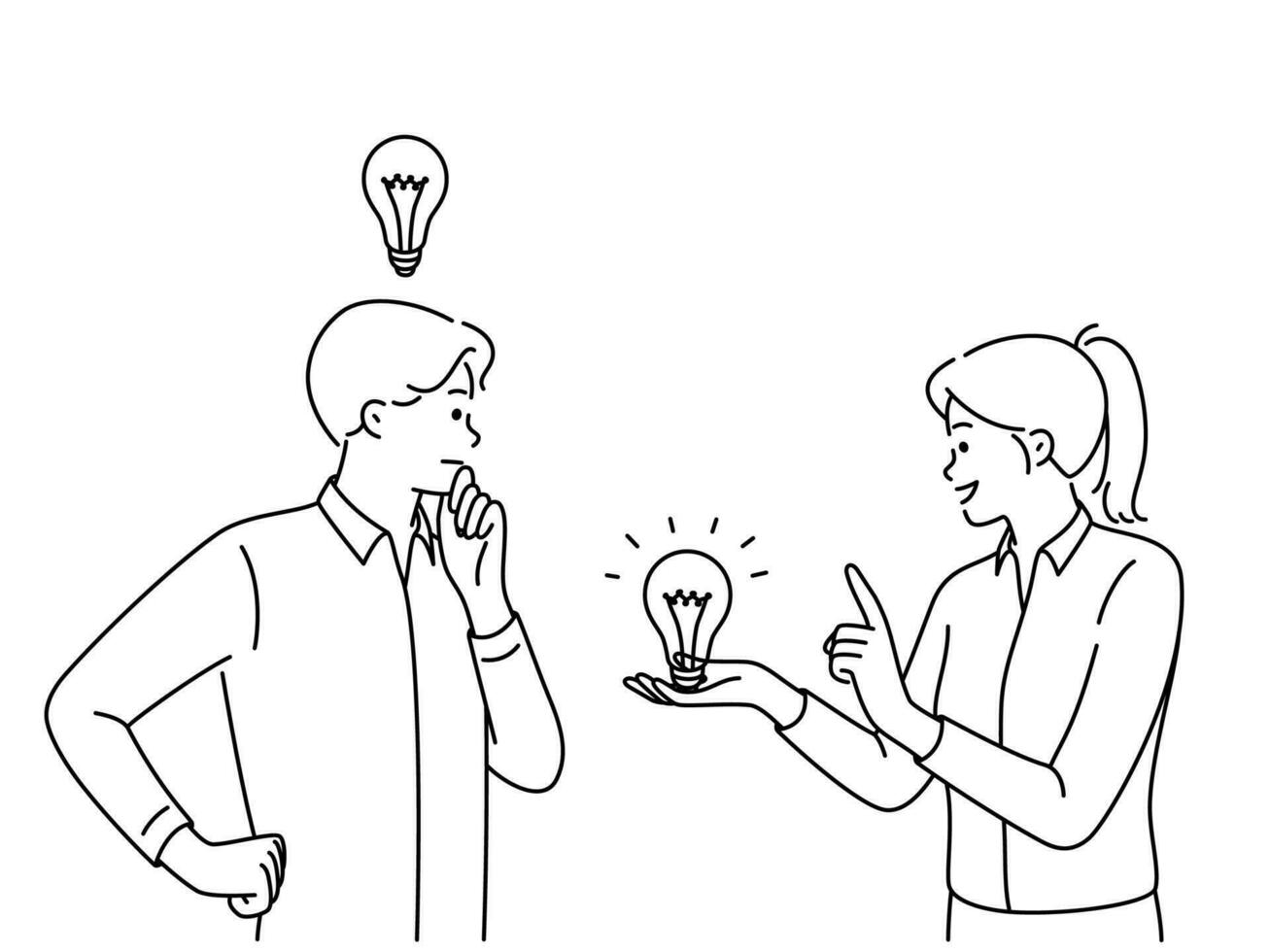 Smiling woman with lightbulb help male colleague with business idea. Happy female with lightened light bulb assist man with solution or trouble. Vector illustration.