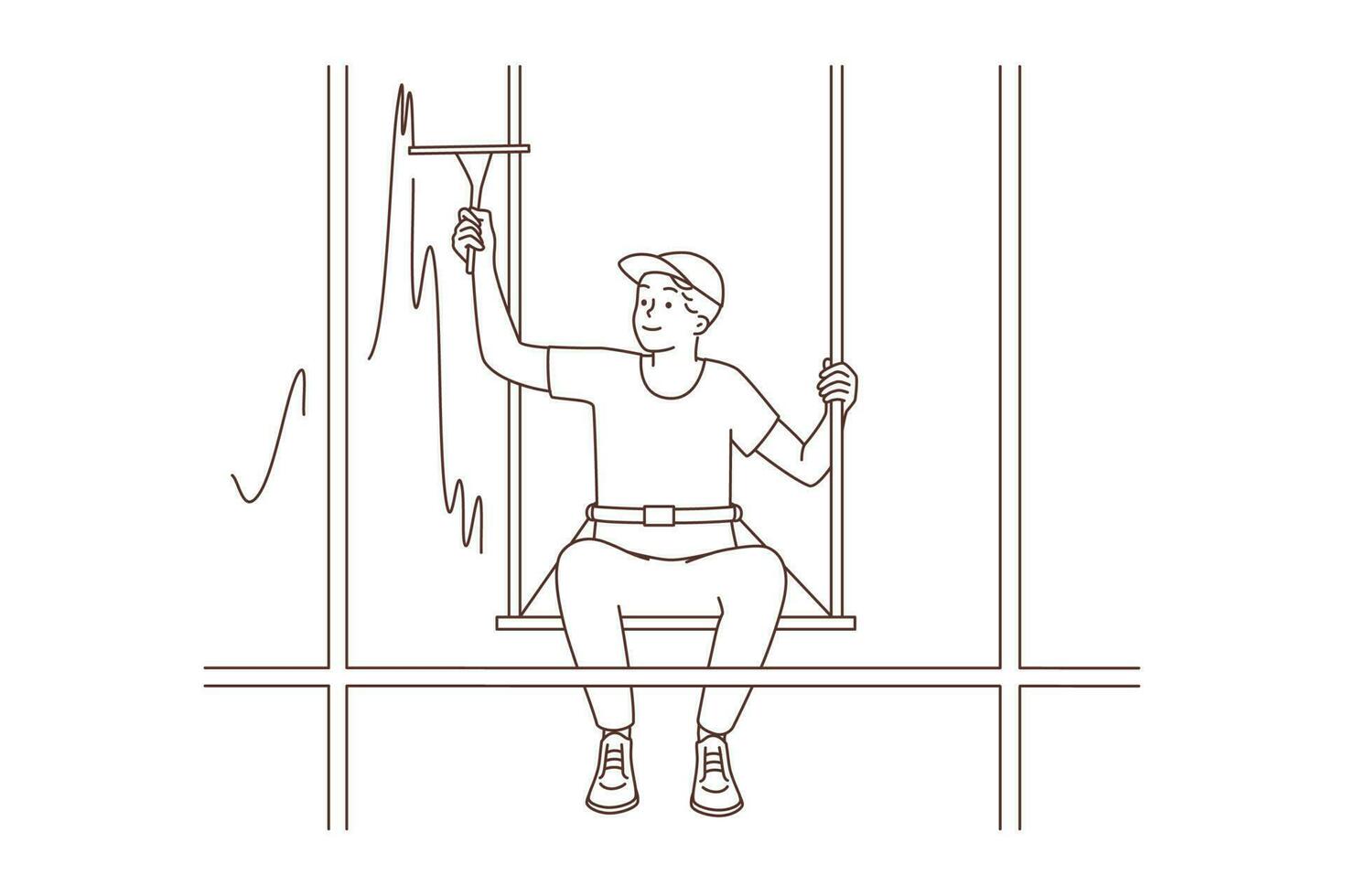 Man hanging on ropes cleaning windows of high building. Male worker wash skyscraper window. Extreme dangerous occupation. Vector illustration.