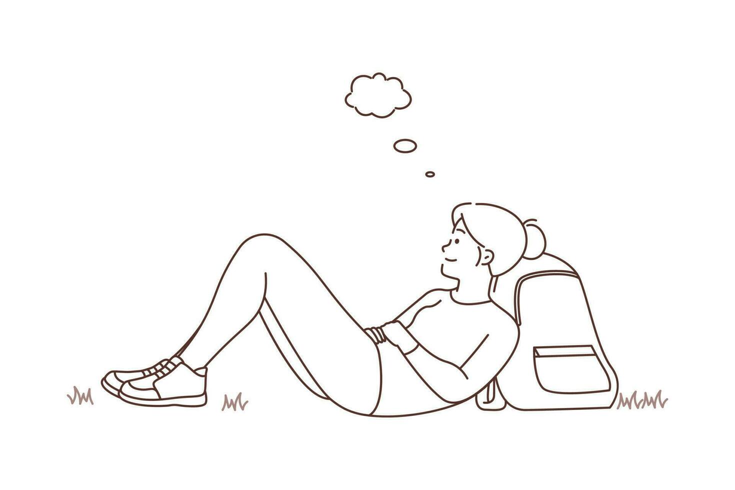 contento joven mujer acostado en suelo soñando o visualizante. sonriente niña relajarse al aire libre haciendo planes o imaginando vector ilustración.
