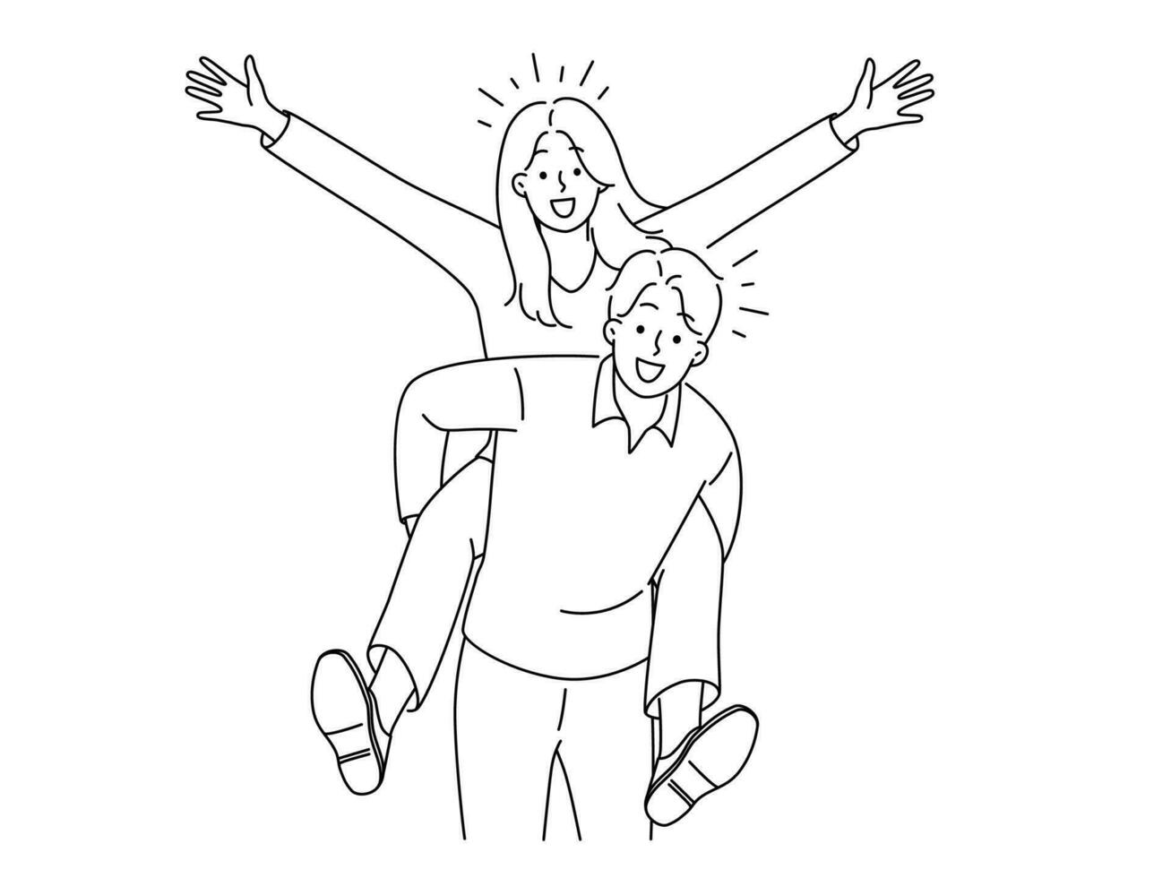 Happy woman piggyback smiling man have fun together. Overjoyed couple feeling positive. Male carry girlfriend on back. Vector illustration.