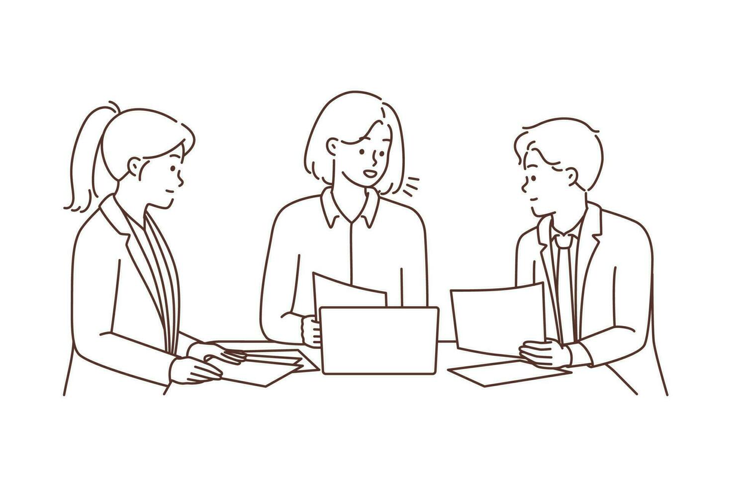 Businesspeople sit at desk cooperating together with computer at meeting. Employees brainstorm discuss paperwork at business briefing. Vector illustration.