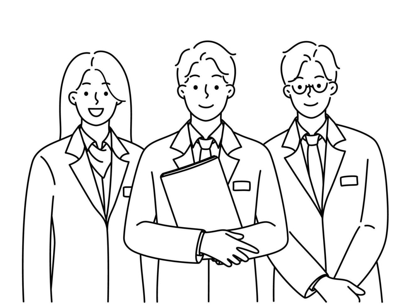 Smiling administration staff in uniform standing together showing unity and leadership. Happy receptionists meet welcome new client. Hotel personnel. Vector illustration.