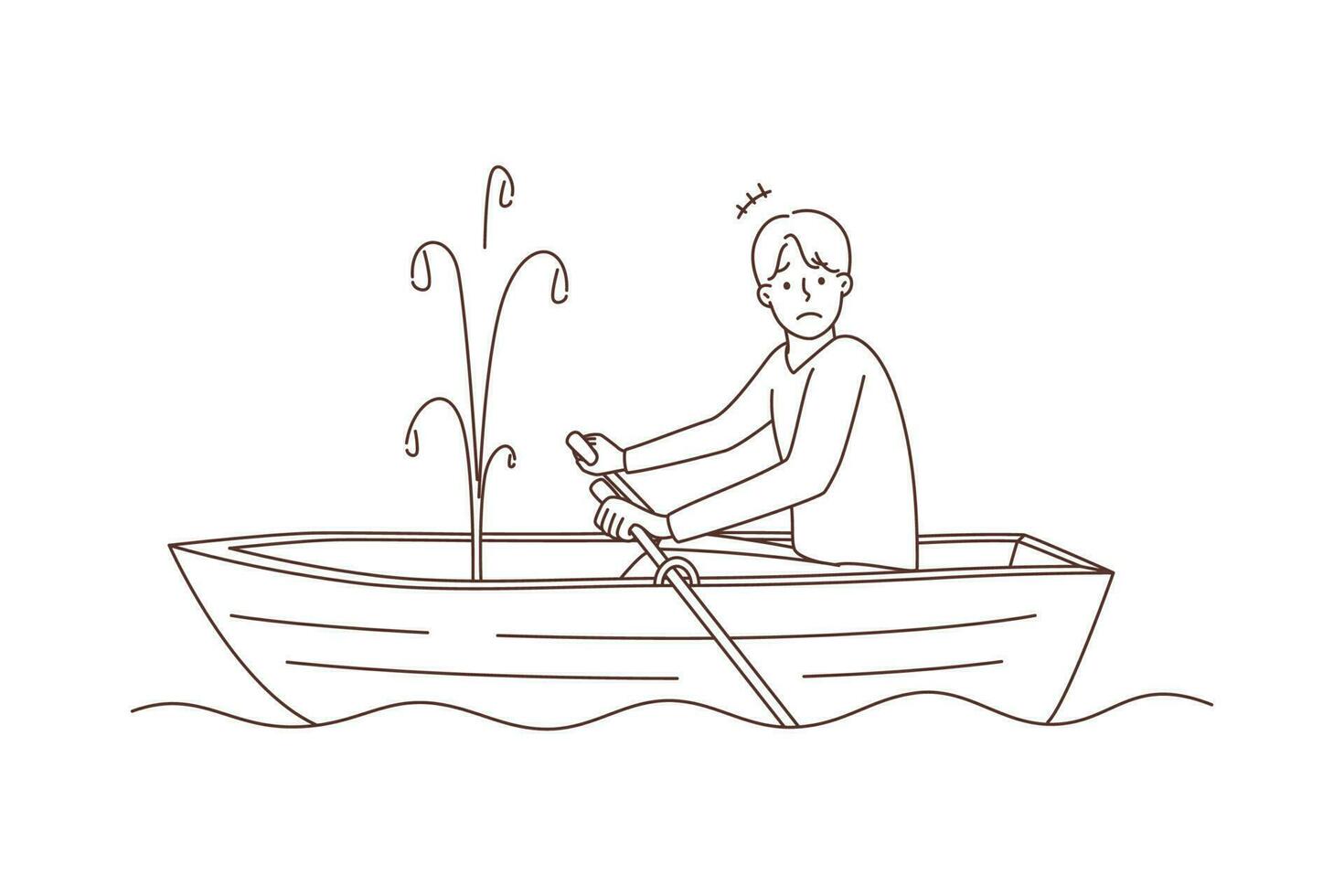 Stressed man rowing in boat see hole and water leaking. Unhappy frustrated male confused with ship leakage in water. Vector illustration.