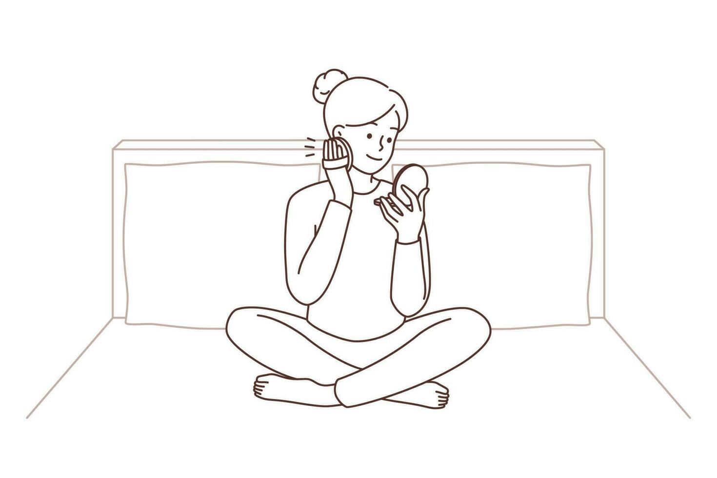 Woman sitting on bed at home doing makeup. Happy female enjoy beauty routine in bedroom. Cosmetics and skincare concept. Vector illustration.