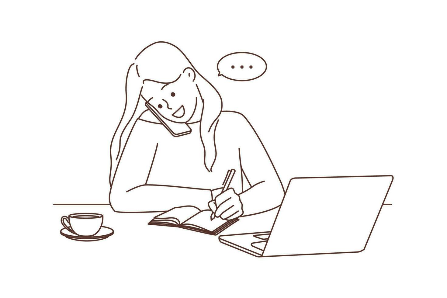 sonriente mujer de negocios sentar a escritorio trabajo en computadora hablando en Teléfono móvil. contento mujer Tarea múltiple chateando en teléfono inteligente vector ilustración.