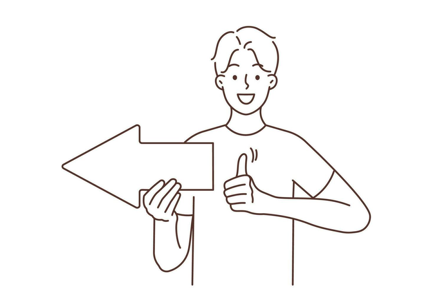 Smiling young man with arrow show direction recommend good deal or service. Happy guy point with sign make thumb up hand gesture give recommendation. Vector illustration.