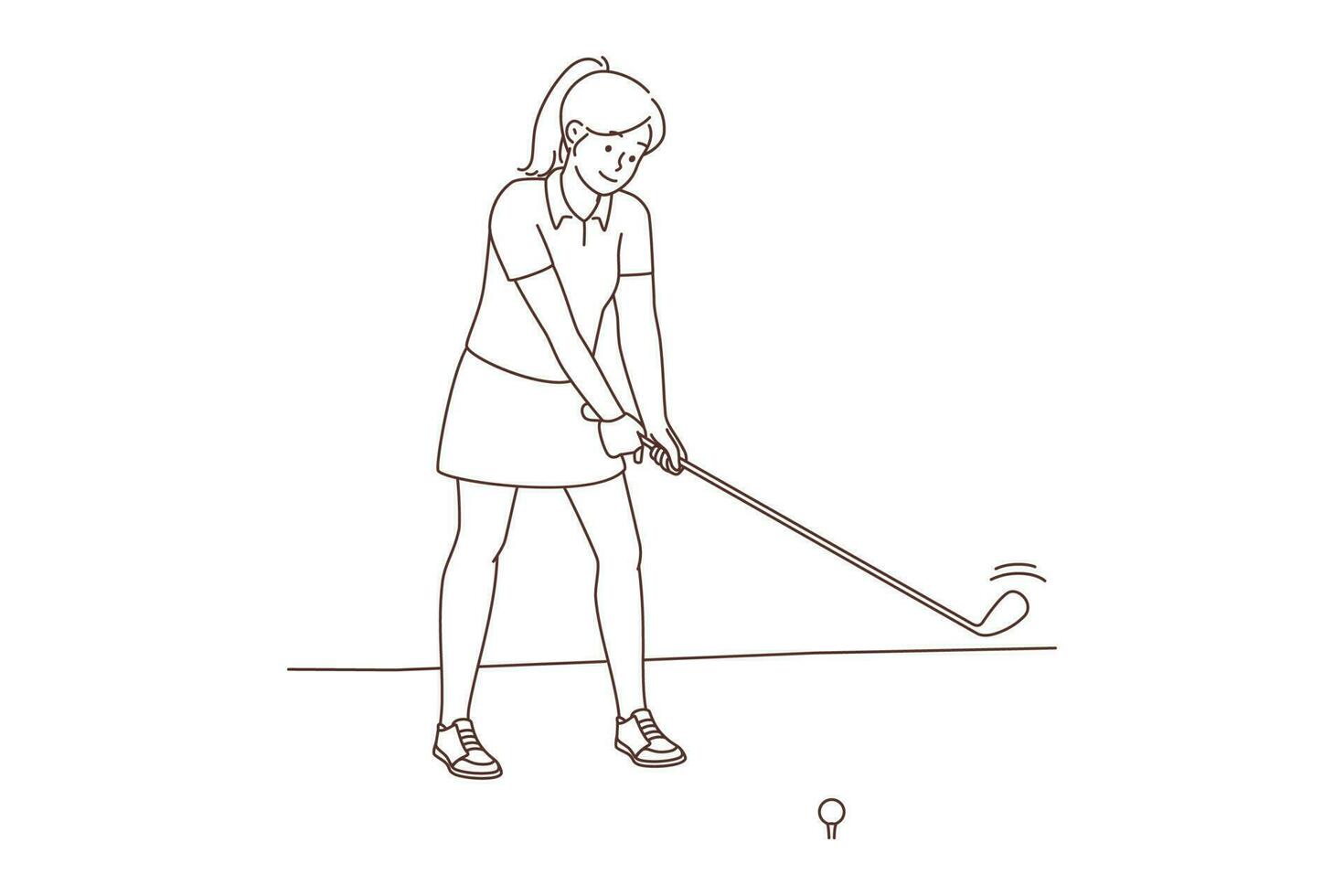 Young woman playing golf on field. Smiling female engaged in sport game activity. Hobby and leisure. Vector illustration.