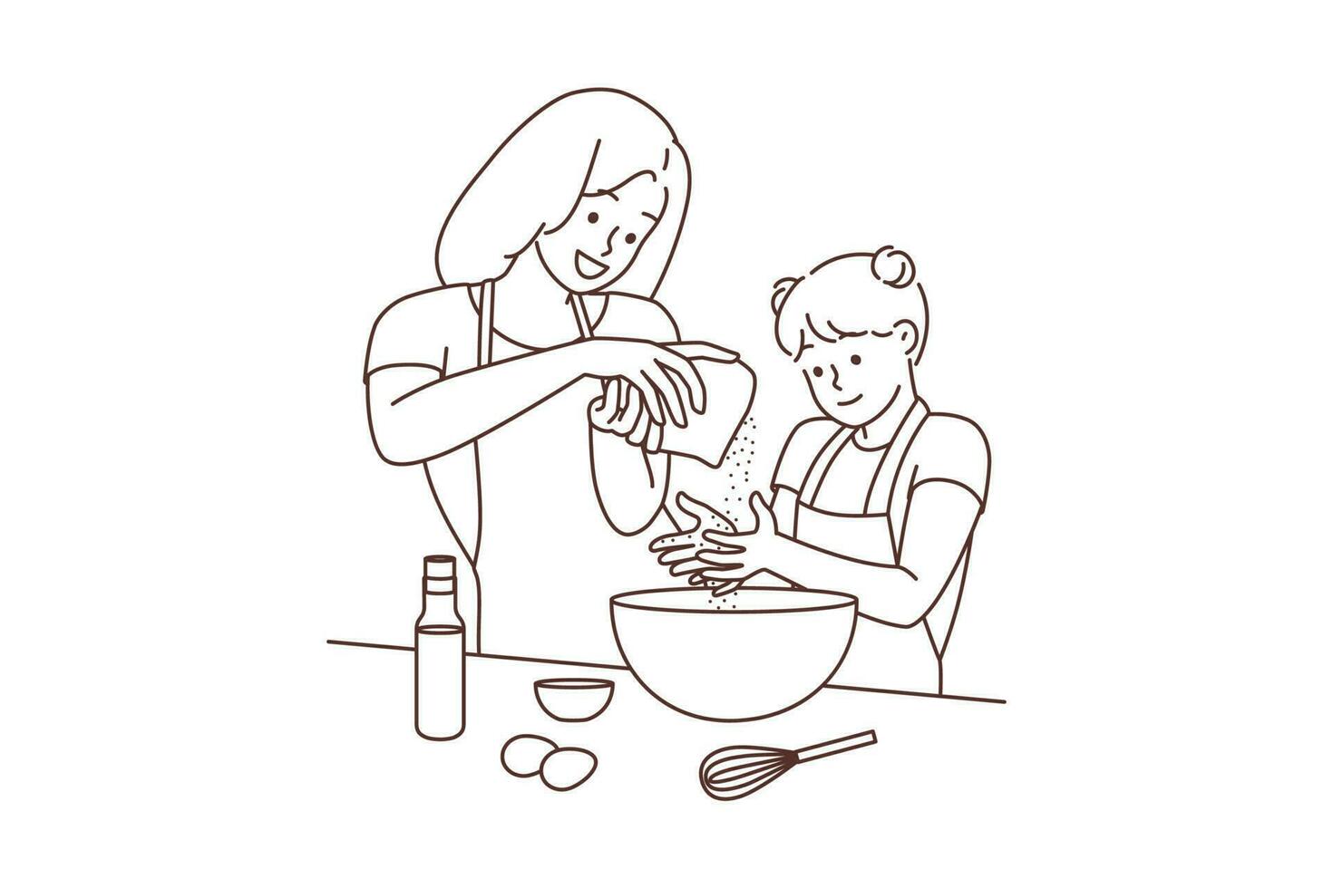 Happy young mother and daughter cooking at home together. Smiling mom and girl child have fun baking in kitchen. Motherhood concept. Vector illustration.